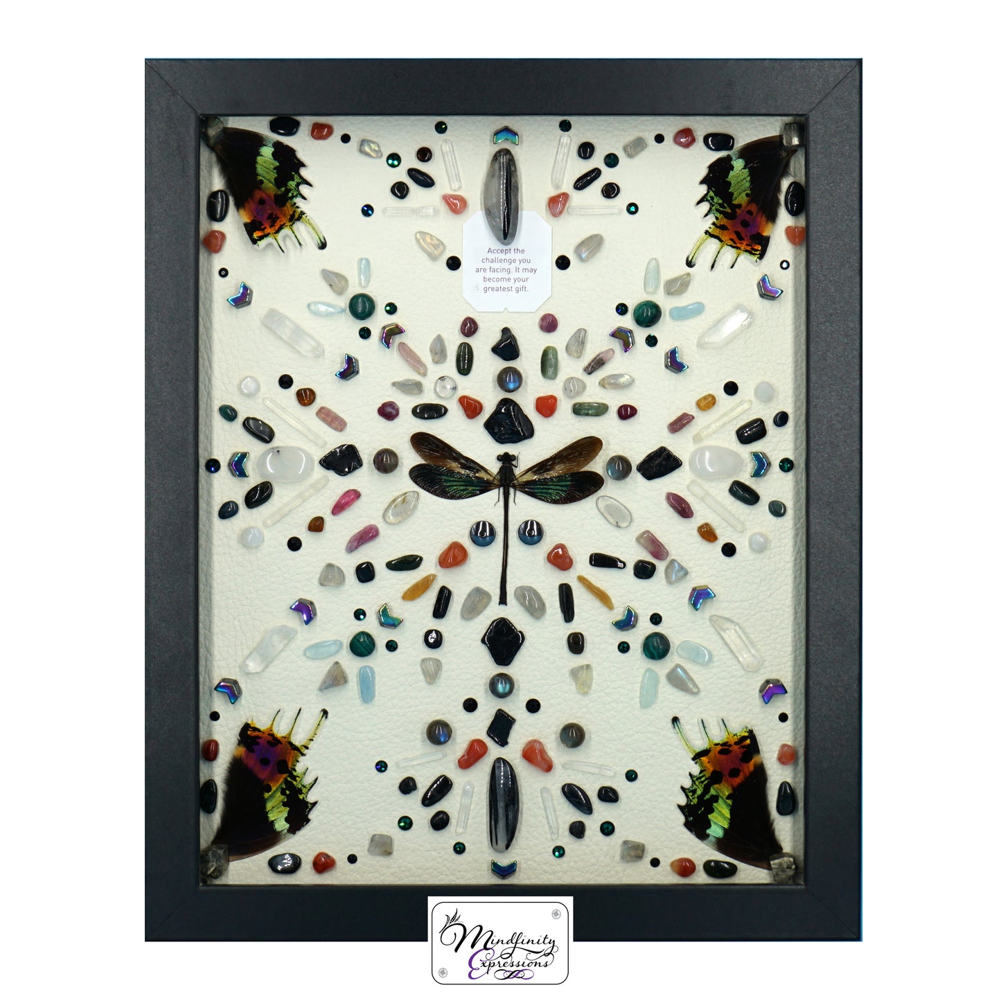 shadow box art, green dragonfly, Sunset Moth wings, Calligaris genuine leather, crystals, Swarovski crystals, gemstones, gems, sacred geometry, healing art, crystal art, crystal grid, energy healing, crystal healing, crystal energy, handmade, luxury art, Aquamarine, Black Tourmaline, Carnelian, Clear Quartz, Hematite, Labradorite, Malachite, Pyrite, Rainbow Moonstone, Rutilated Quartz, Watermelon Tourmaline