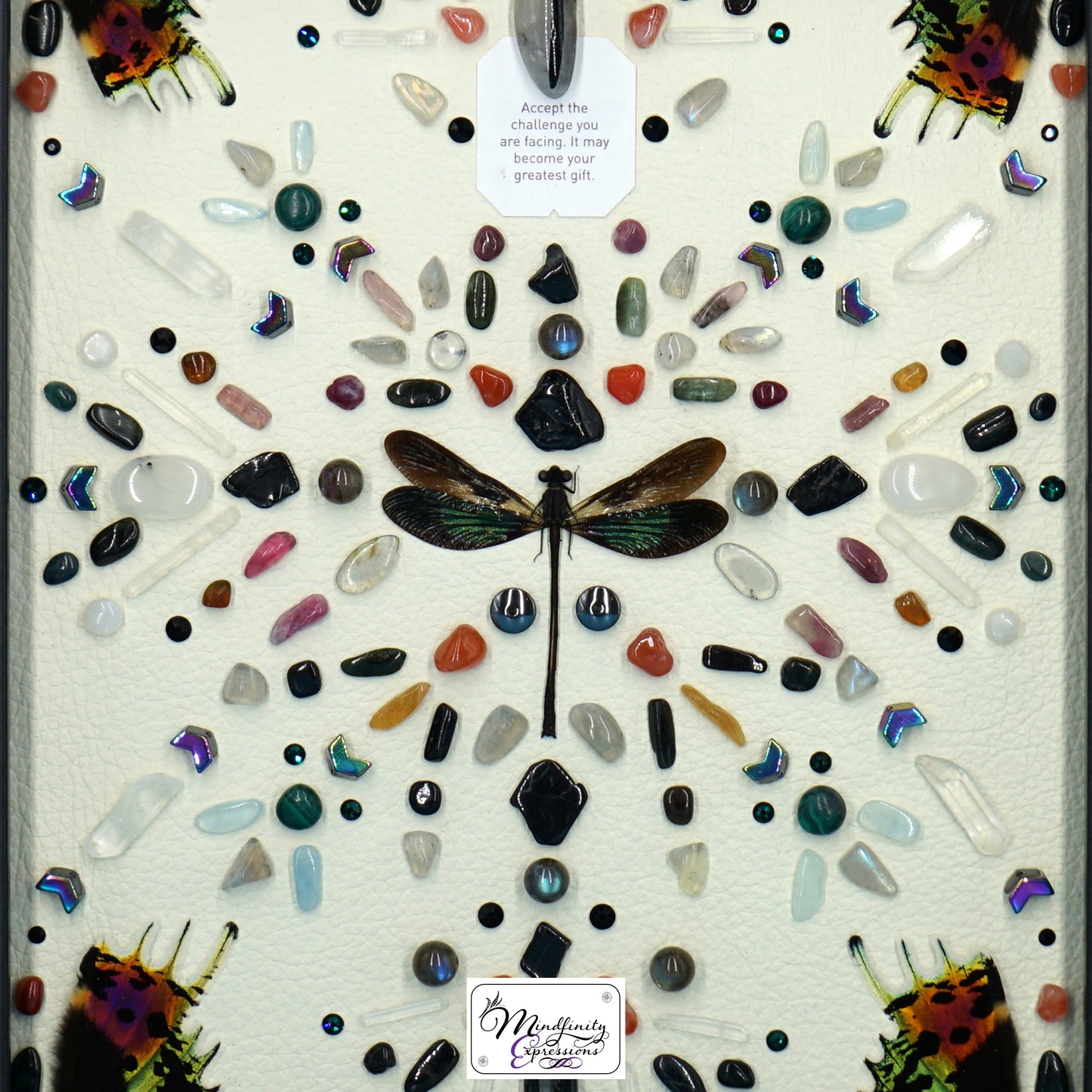 shadow box art, green dragonfly, Sunset Moth wings, Calligaris genuine leather, crystals, Swarovski crystals, gemstones, gems, sacred geometry, healing art, crystal art, crystal grid, energy healing, crystal healing, crystal energy, handmade, luxury art, Aquamarine, Black Tourmaline, Carnelian, Clear Quartz, Hematite, Labradorite, Malachite, Pyrite, Rainbow Moonstone, Rutilated Quartz, Watermelon Tourmaline
