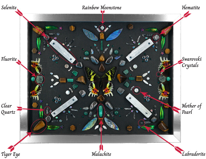 shadow box art, Sunset Moth wings, Sunset Moth, Calligaris genuine leather, crystals, Swarovski crystals, gemstones, gems, sacred geometry, healing art, crystal art, crystal grid, energy healing, crystal healing, handmade, luxury art, Clear Quartz, Fluorite, Hematite, Labradorite, Malachite, Mother of Pearl, Rainbow Moonstone, Selenite, Tiger Eye