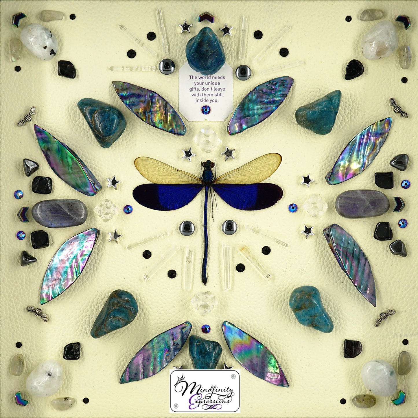 shadow box art, Blue Dragonfly, Calligaris Mother of Pearl shells, genuine leather, crystals, Swarovski crystals, gemstones, gems, sacred geometry, healing art, crystal art, crystal grid, energy healing, crystal healing, crystal energy, crystal grid, healing, handmade, luxury art, Apophyllite, Black Tourmaline, Blue Apatite, Clear Quartz, Labradorite, Hematite, Mother of Pearl, Rainbow Moonstone