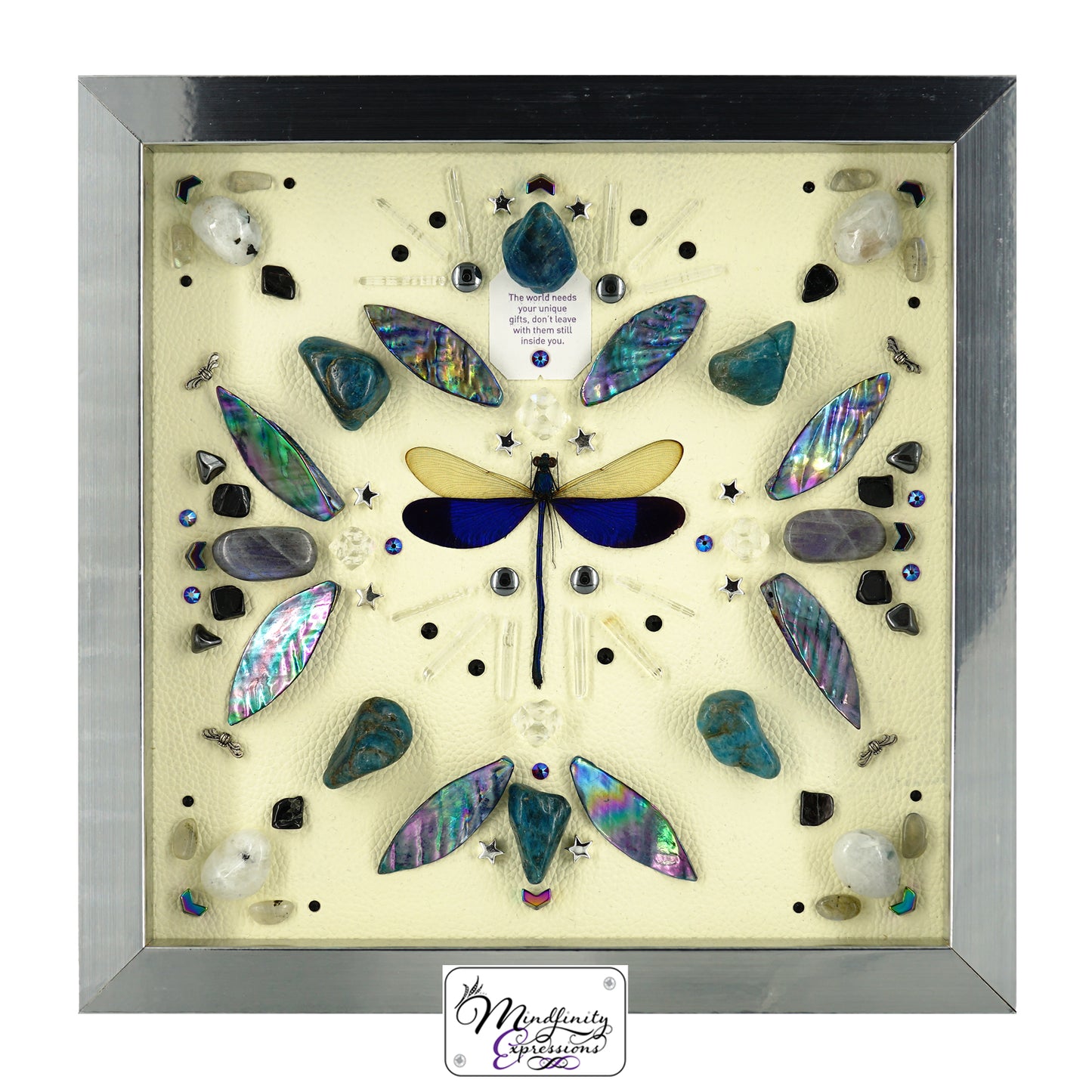 shadow box art, Blue Dragonfly, Calligaris Mother of Pearl shells, genuine leather, crystals, Swarovski crystals, gemstones, gems, sacred geometry, healing art, crystal art, crystal grid, energy healing, crystal healing, crystal energy, crystal grid, healing, handmade, luxury art, Apophyllite, Black Tourmaline, Blue Apatite, Clear Quartz, Labradorite, Hematite, Mother of Pearl, Rainbow Moonstone