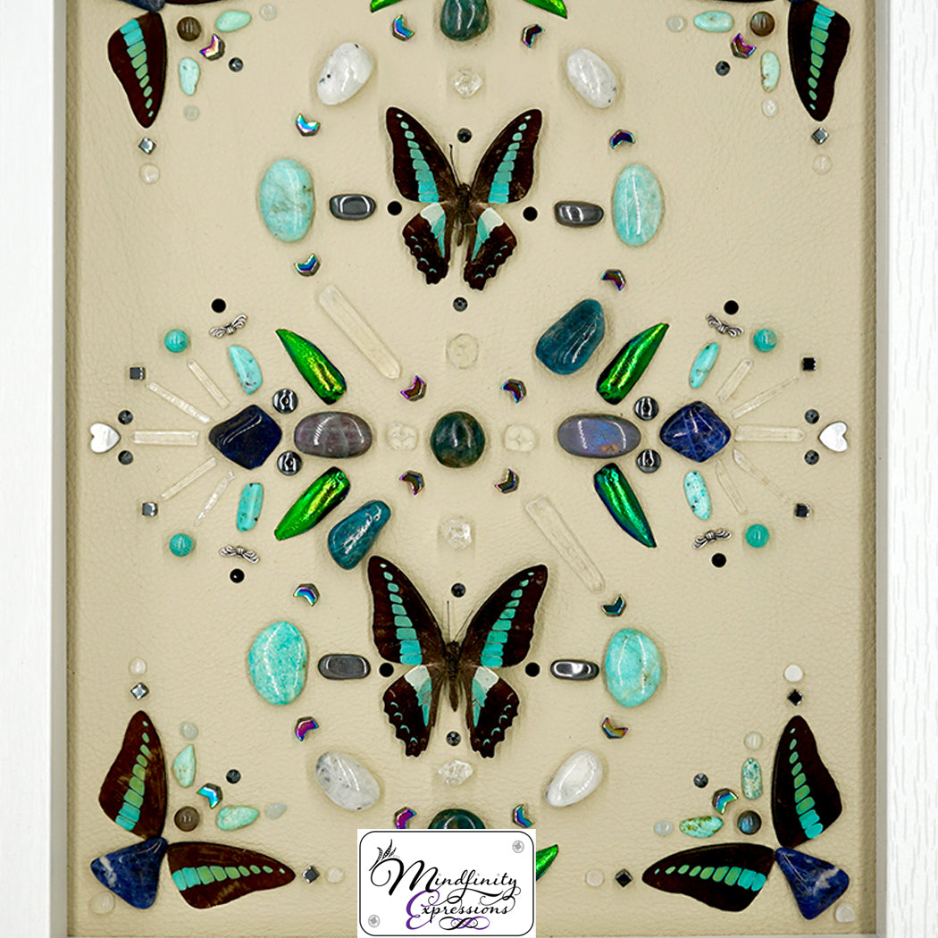 shadow box art, Blue Bottle butterflies and butterfly wings, Green Jewel beetle wings, Calligaris genuine leather, crystals, Swarovski crystals, gemstones, gems, sacred geometry, healing art, crystal art, crystal grid, energy healing, crystal healing, crystal energy, handmade, luxury art, Amazonite, Aquamarine, Apophyllite, Blue & Green Apatite, Clear Quartz, Hematite, Mother of Pearl, Labradorite, Rainbow Moonstone, Sodalite, Turquoise