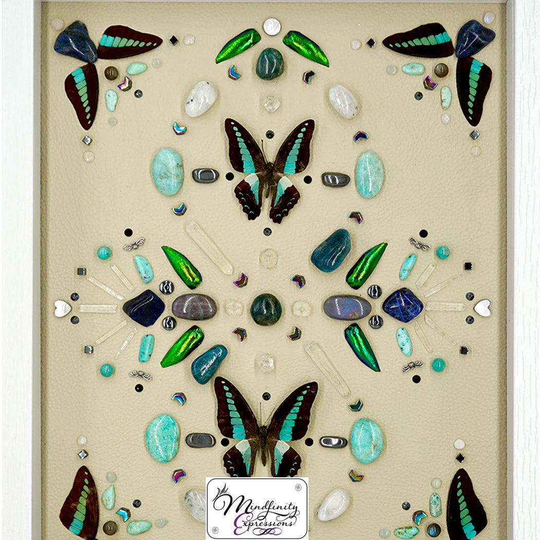 shadow box art, Blue Bottle butterflies and butterfly wings, Green Jewel beetle wings, Calligaris genuine leather, crystals, Swarovski crystals, gemstones, gems, sacred geometry, healing art, crystal art, crystal grid, energy healing, crystal healing, crystal energy, handmade, luxury art, Amazonite, Aquamarine, Apophyllite, Blue & Green Apatite, Clear Quartz, Hematite, Mother of Pearl, Labradorite, Rainbow Moonstone, Sodalite, Turquoise