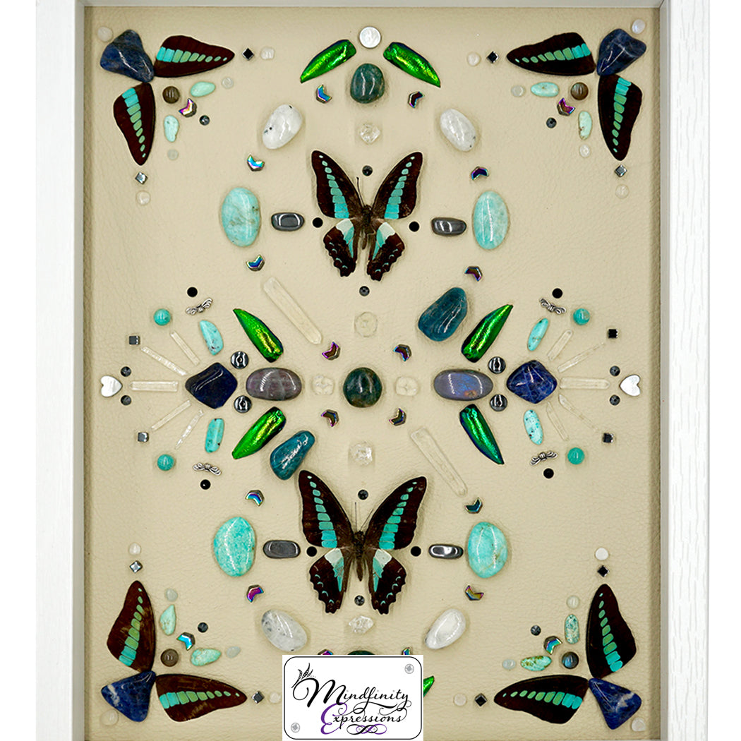 shadow box art, Blue Bottle butterflies and butterfly wings, Green Jewel beetle wings, Calligaris genuine leather, crystals, Swarovski crystals, gemstones, gems, sacred geometry, healing art, crystal art, crystal grid, energy healing, crystal healing, crystal energy, handmade, luxury art, Amazonite, Aquamarine, Apophyllite, Blue & Green Apatite, Clear Quartz, Hematite, Mother of Pearl, Labradorite, Rainbow Moonstone, Sodalite, Turquoise