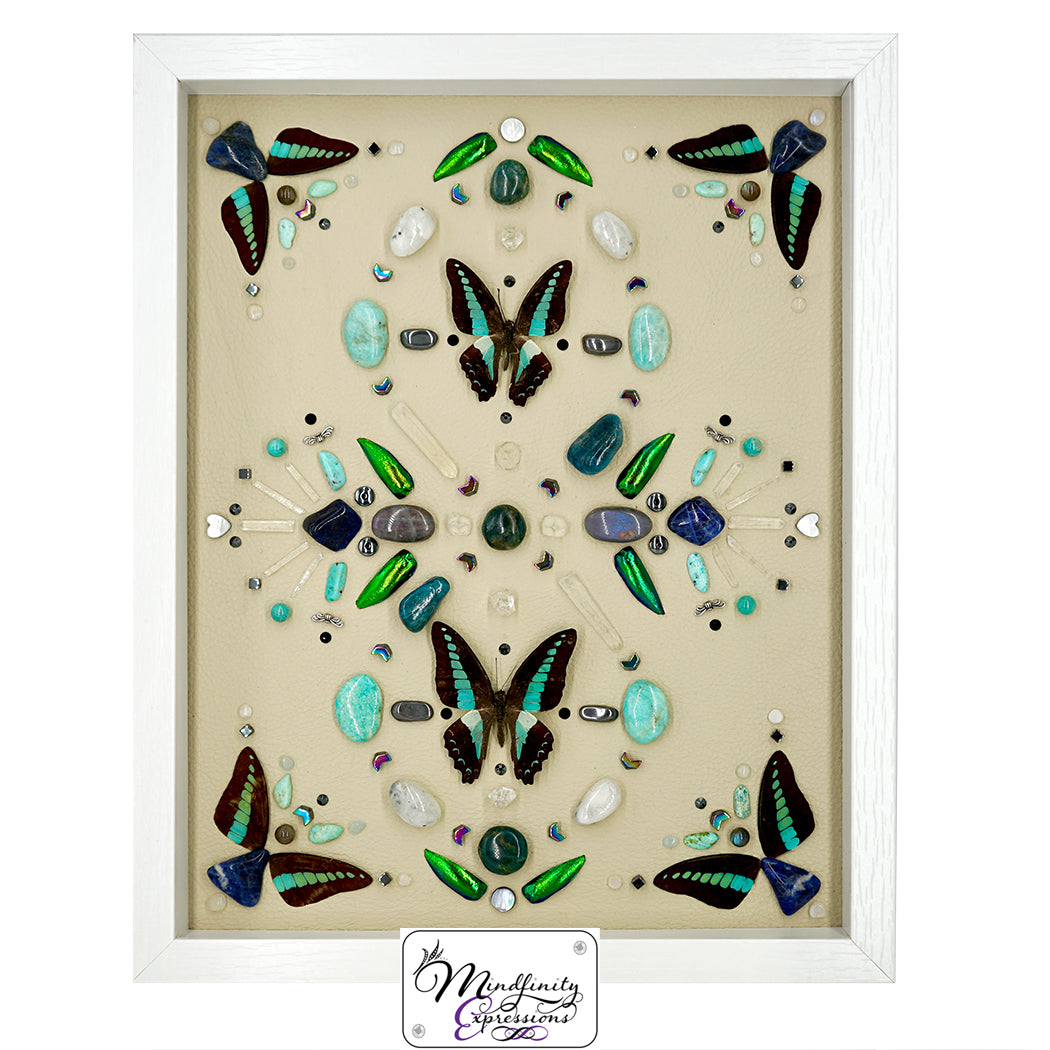 shadow box art, Blue Bottle butterflies and butterfly wings, Green Jewel beetle wings, Calligaris genuine leather, crystals, Swarovski crystals, gemstones, gems, sacred geometry, healing art, crystal art, crystal grid, energy healing, crystal healing, crystal energy, handmade, luxury art, Amazonite, Aquamarine, Apophyllite, Blue & Green Apatite, Clear Quartz, Hematite, Mother of Pearl, Labradorite, Rainbow Moonstone, Sodalite, Turquoise