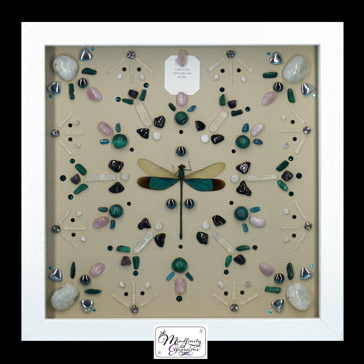 shadow box art, Green Dragonfly, Calligaris genuine leather, crystals, Swarovski crystals, gemstones, gems, sacred geometry, healing art, crystal art, crystal grid, energy healing, crystal healing, crystal energy, crystal grid, healing, healing energy, healing art, sacred geometry, handmade, luxury art, Black Tourmaline, Blue Apatite, Clear Quartz, Kunzite, Malachite, Rainbow Moonstone, Sugilite