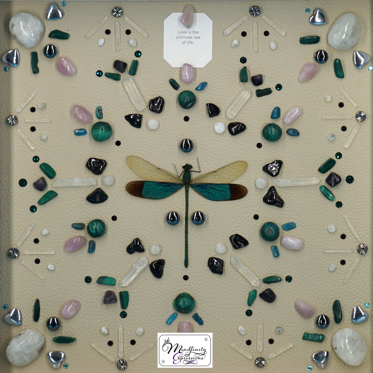 shadow box art, Green Dragonfly, Calligaris genuine leather, crystals, Swarovski crystals, gemstones, gems, sacred geometry, healing art, crystal art, crystal grid, energy healing, crystal healing, crystal energy, crystal grid, healing, healing energy, healing art, sacred geometry, handmade, luxury art, Black Tourmaline, Blue Apatite, Clear Quartz, Kunzite, Malachite, Rainbow Moonstone, Sugilite