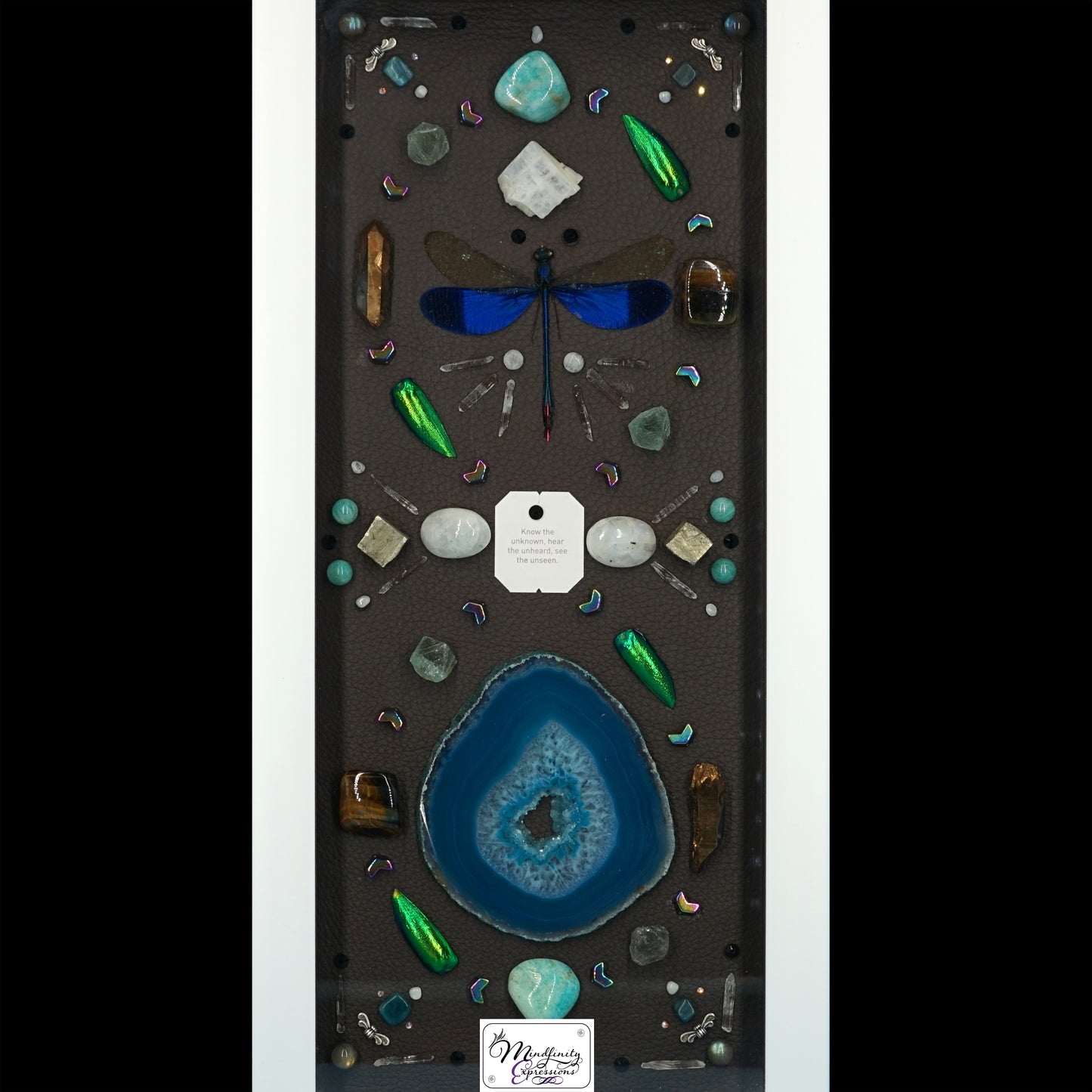 shadow box art, Blue Dragonfly, Blue Agate slice, Green Jewel Beetle wings, Calligaris genuine leather, crystals, Swarovski crystals, gemstones, gems, sacred geometry, healing art, crystal art, crystal grid, energy healing, crystal healing, crystal energy, crystal grid, healing, healing energy, healing art, sacred geometry, handmade, luxury art, Amazonite, Blue Agate, Blue Apatite, Clear Quartz, Bronze Plated Quartz, Blue Tiger Eye, Fluorite, Hematite, Labradorite, Pyrite, Rainbow Moonstone
