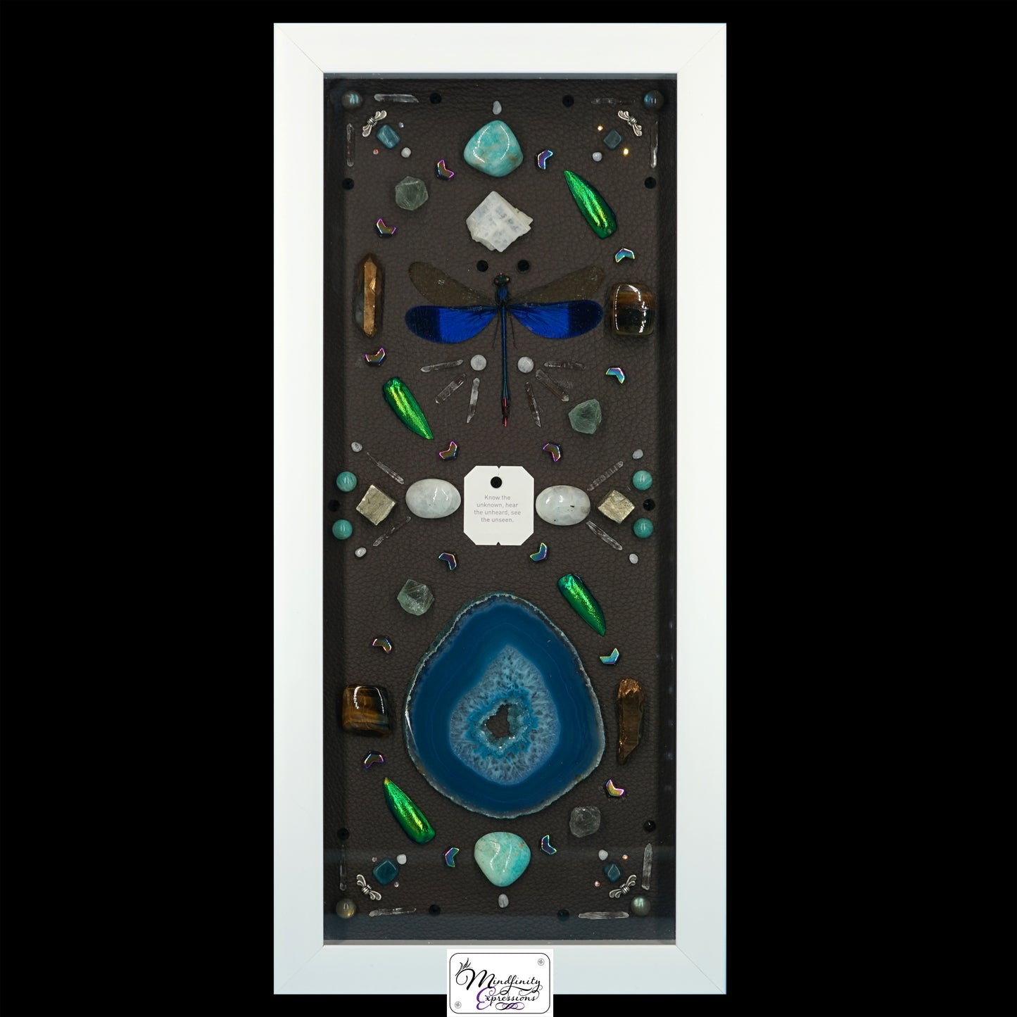 shadow box art, Blue Dragonfly, Blue Agate slice, Green Jewel Beetle wings, Calligaris genuine leather, crystals, Swarovski crystals, gemstones, gems, sacred geometry, healing art, crystal art, crystal grid, energy healing, crystal healing, crystal energy, crystal grid, healing, healing energy, healing art, sacred geometry, handmade, luxury art, Amazonite, Blue Agate, Blue Apatite, Clear Quartz, Bronze Plated Quartz, Blue Tiger Eye, Fluorite, Hematite, Labradorite, Pyrite, Rainbow Moonstone