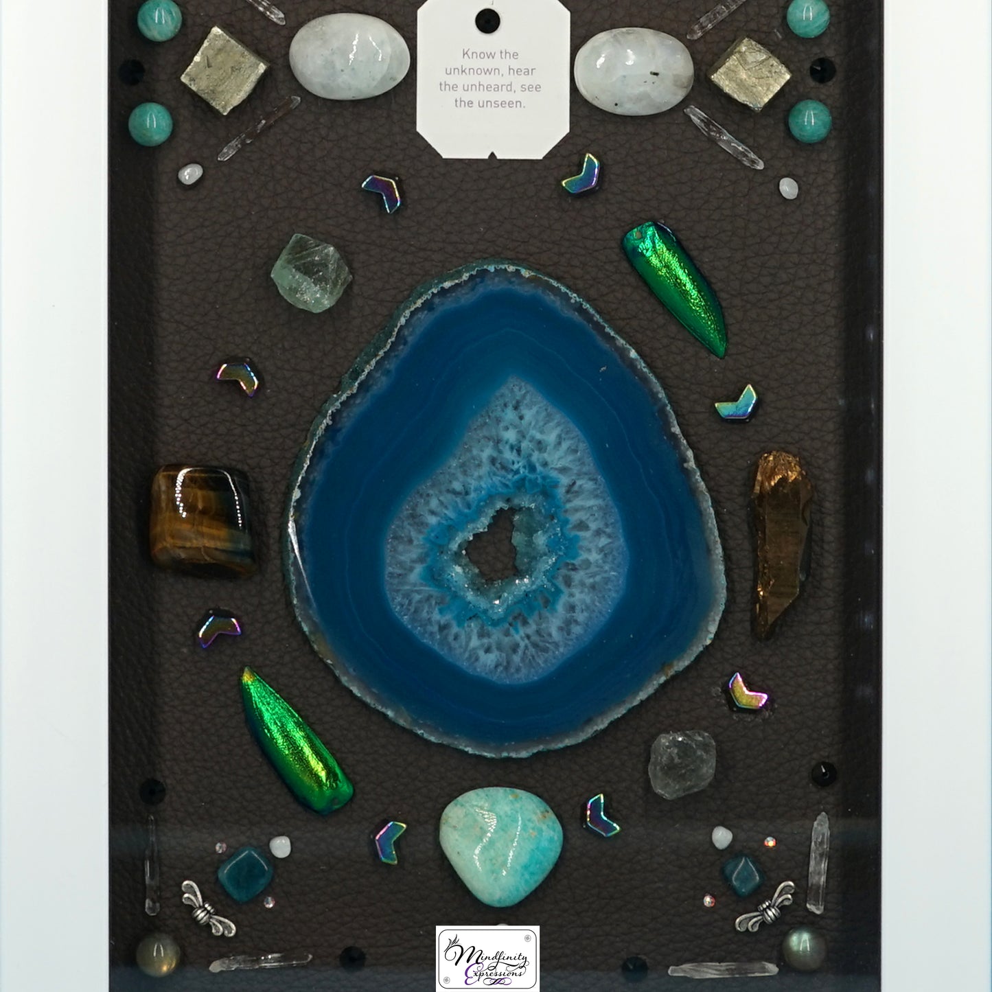 shadow box art, Blue Dragonfly, Blue Agate slice, Green Jewel Beetle wings, Calligaris genuine leather, crystals, Swarovski crystals, gemstones, gems, sacred geometry, healing art, crystal art, crystal grid, energy healing, crystal healing, crystal energy, crystal grid, healing, healing energy, healing art, sacred geometry, handmade, luxury art, Amazonite, Blue Agate, Blue Apatite, Clear Quartz, Bronze Plated Quartz, Blue Tiger Eye, Fluorite, Hematite, Labradorite, Pyrite, Rainbow Moonstone