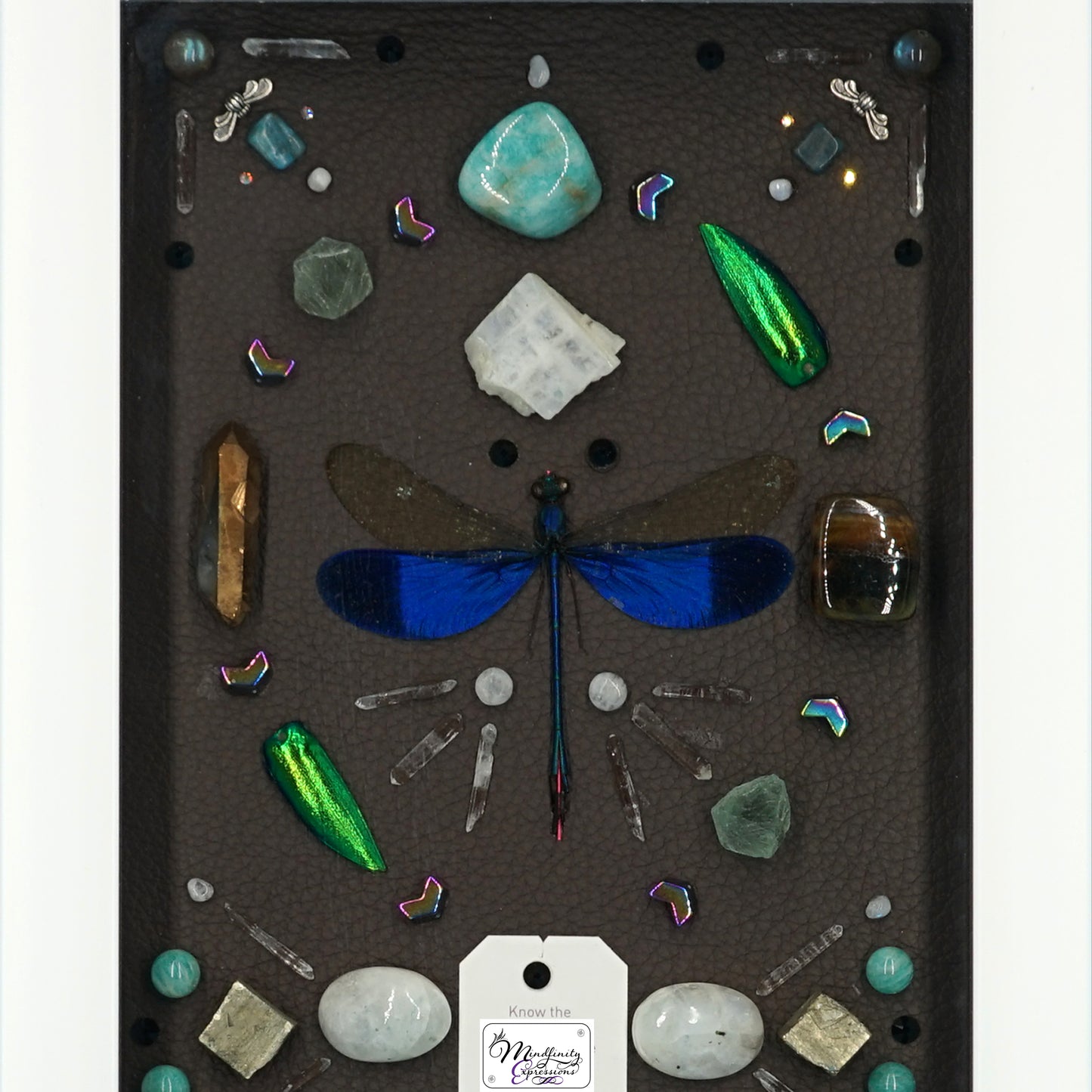 shadow box art, Blue Dragonfly, Blue Agate slice, Green Jewel Beetle wings, Calligaris genuine leather, crystals, Swarovski crystals, gemstones, gems, sacred geometry, healing art, crystal art, crystal grid, energy healing, crystal healing, crystal energy, crystal grid, healing, healing energy, healing art, sacred geometry, handmade, luxury art, Amazonite, Blue Agate, Blue Apatite, Clear Quartz, Bronze Plated Quartz, Blue Tiger Eye, Fluorite, Hematite, Labradorite, Pyrite, Rainbow Moonstone