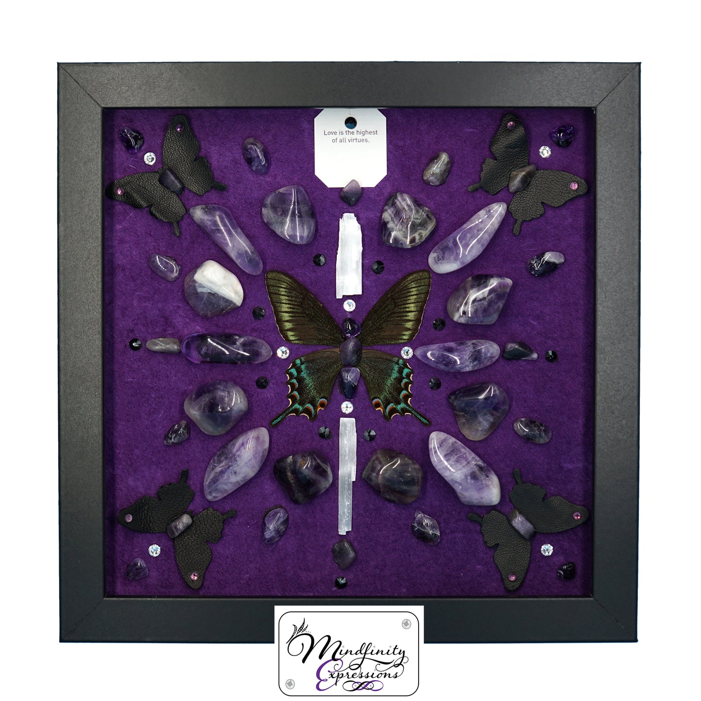 shadow box art, Swallowtail butterfly, crystals, leather, gemstones, gems, sacred geometry, healing art, crystal art, crystal grid, energy healing, Amethyst, Purple Fluorite, Sugilite, Super 7, Kunzite, Aura Quartz, Selenite, crystal art, crystal healing, crystal energy, crystal grid, healing, healing energy, healing art, sacred geometry, handmade, luxury art