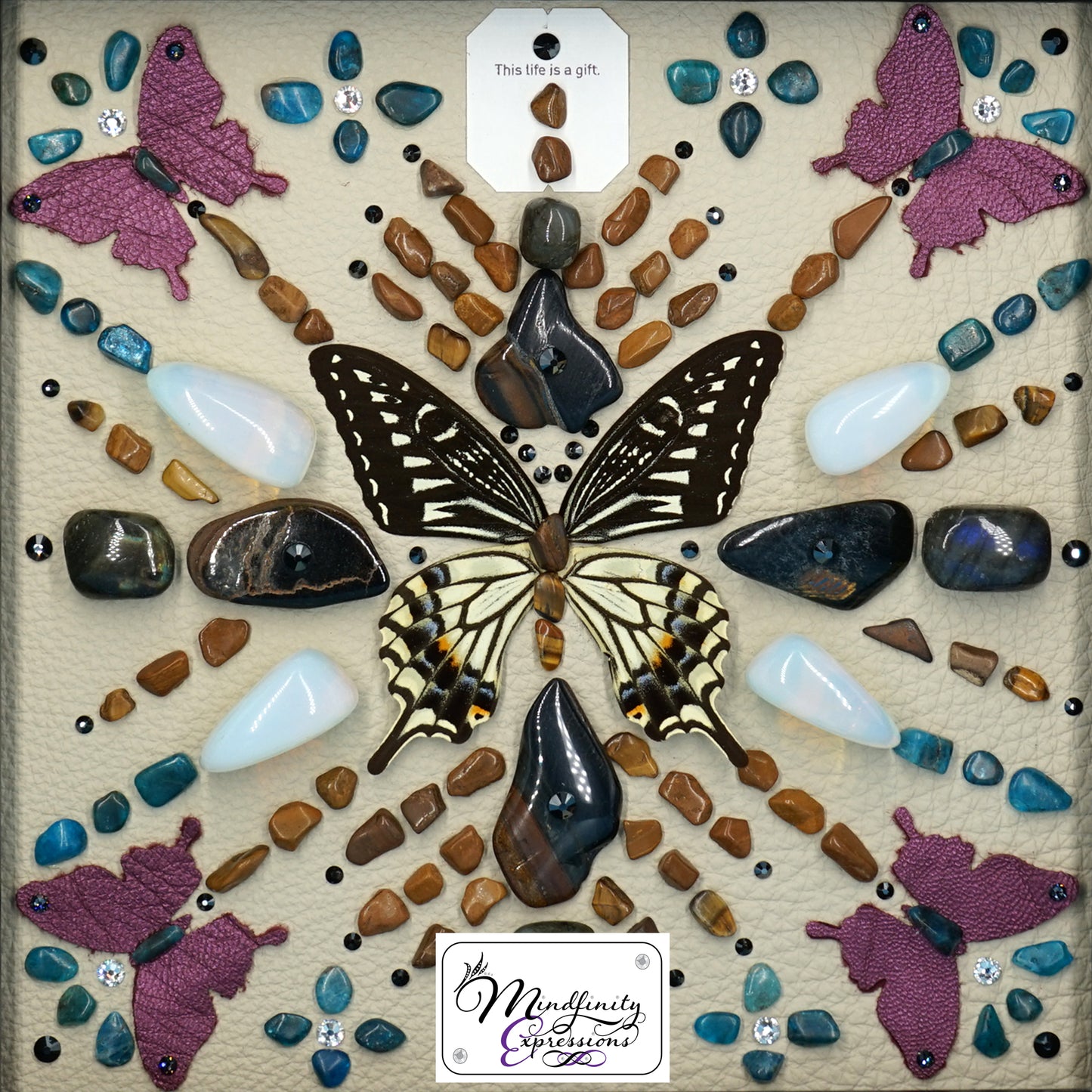 shadow box art, butterfly, crystals, metallic leather, gemstones, gems, sacred geometry, healing art, crystal art, crystal grid, energy healing, Blue Tiger Eye, Tiger Eye, Blue Apatite, Labradorite, Opalite, crystal art, crystal healing, crystal energy, crystal grid, healing, healing energy, healing art, sacred geometry, handmade, luxury art
