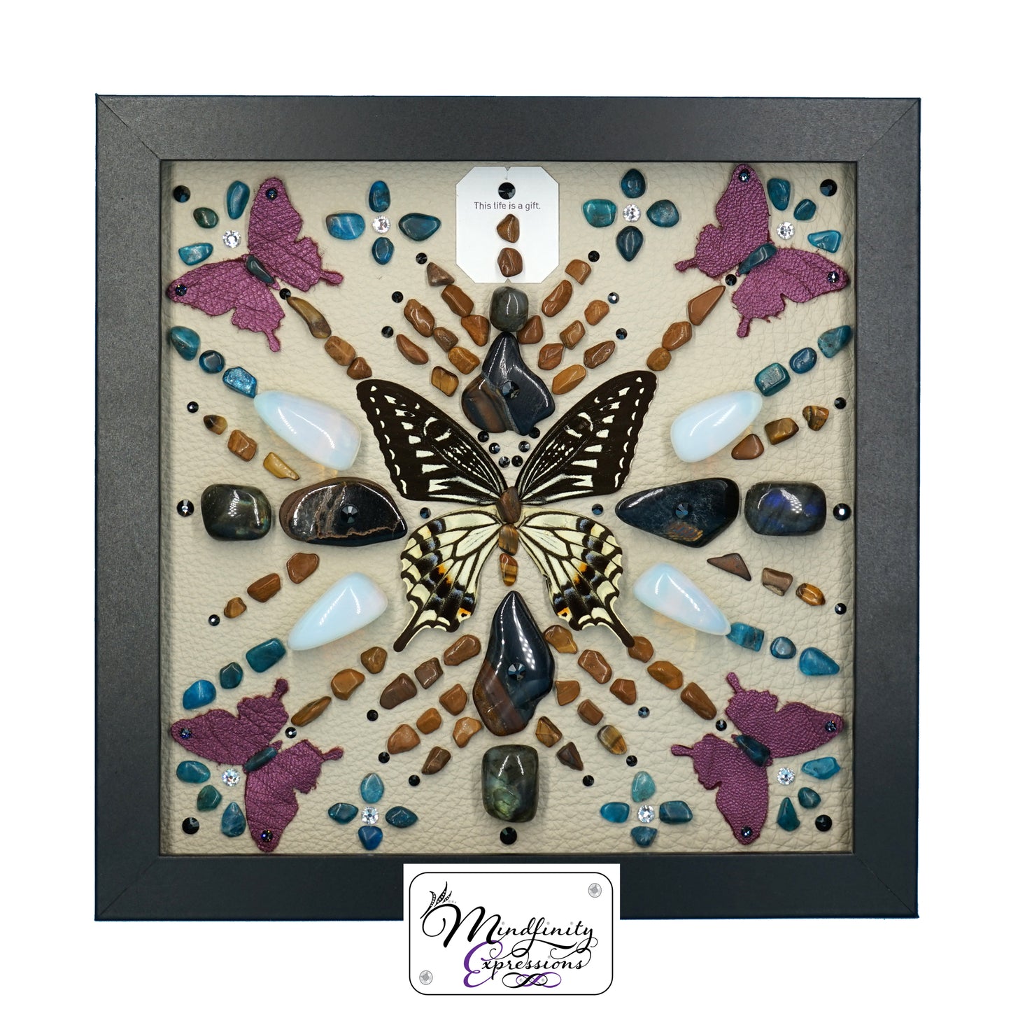 shadow box art, butterfly, crystals, metallic leather, gemstones, gems, sacred geometry, healing art, crystal art, crystal grid, energy healing, Blue Tiger Eye, Tiger Eye, Blue Apatite, Labradorite, Opalite, crystal art, crystal healing, crystal energy, crystal grid, healing, healing energy, healing art, sacred geometry, handmade, luxury art