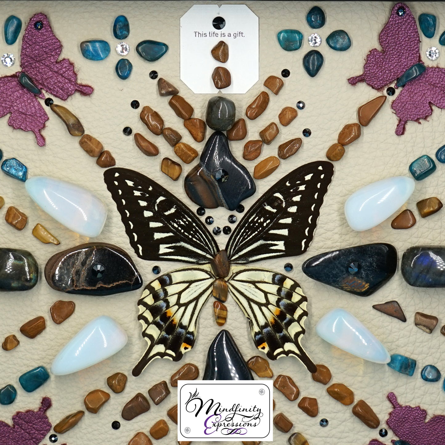 shadow box art, butterfly, crystals, metallic leather, gemstones, gems, sacred geometry, healing art, crystal art, crystal grid, energy healing, Blue Tiger Eye, Tiger Eye, Blue Apatite, Labradorite, Opalite, crystal art, crystal healing, crystal energy, crystal grid, healing, healing energy, healing art, sacred geometry, handmade, luxury art