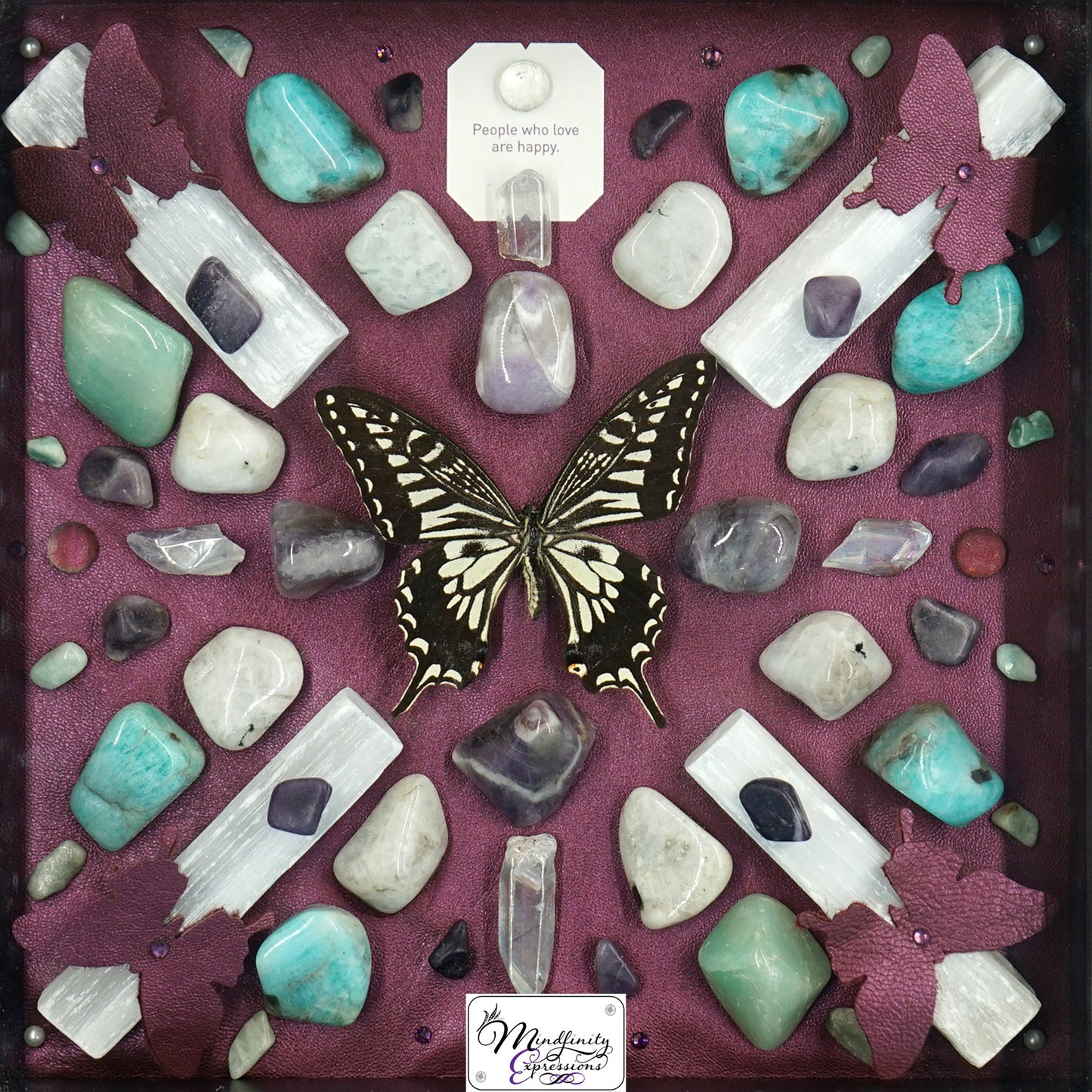 shadow box art, Yellow, black & white butterfly, Metallic purple genuine leather, crystals, Swarovski crystals, gemstones, gems, sacred geometry, healing art, crystal art, crystal grid, energy healing, crystal healing, crystal energy, crystal grid, healing, healing energy, healing art, sacred geometry, handmade, luxury art, Amazonite, Rainbow Moonstone, Amethyst, Sugilite, Aura Quartz, Selenite