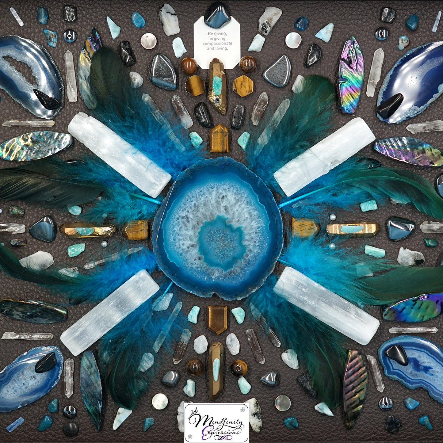 shadow box art, crystals, leather, gemstones, gems, sacred geometry, healing art, crystal art, crystal grid, energy healing, Citrine, Green Aventurine, Tiger Eye, Aura Quartz, Bronze Plated Quartz, Black Agate, Mother of Pearl, Labradorite, Rainbow Moonstone, crystal art, crystal healing, crystal energy, crystal grid, healing, healing energy, healing art, sacred geometry, handmade, luxury art