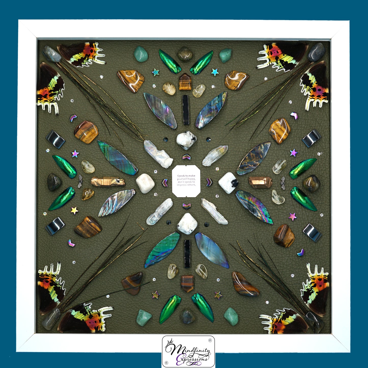 shadow box art, crystals, leather, gemstones, gems, sacred geometry, healing art, crystal art, crystal grid, energy healing, Citrine, Green Aventurine, Tiger Eye, Aura Quartz, Bronze Plated Quartz, Black Agate, Mother of Pearl, Labradorite, Rainbow Moonstone, crystal art, crystal healing, crystal energy, crystal grid, healing, healing energy, healing art, sacred geometry, handmade, luxury art