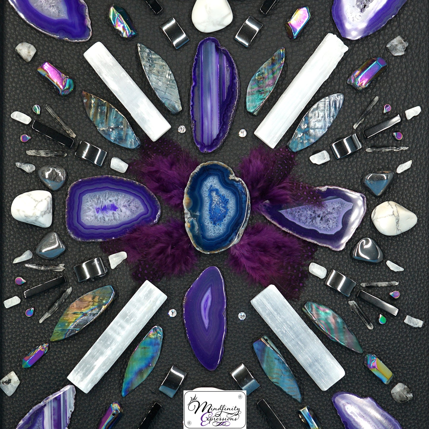 shadow box art, crystals, leather, gemstones, gems, sacred geometry, healing art, crystal art, crystal grid, energy healing, Blue & Purple Agate, Clear Quartz, Rainbow Aura Quartz, Hematite, Howlite, Mother of Pearl, Rainbow Moonstone, Selenite, crystal art, crystal healing, crystal energy, crystal grid, healing, healing energy, healing art, sacred geometry, handmade, luxury art