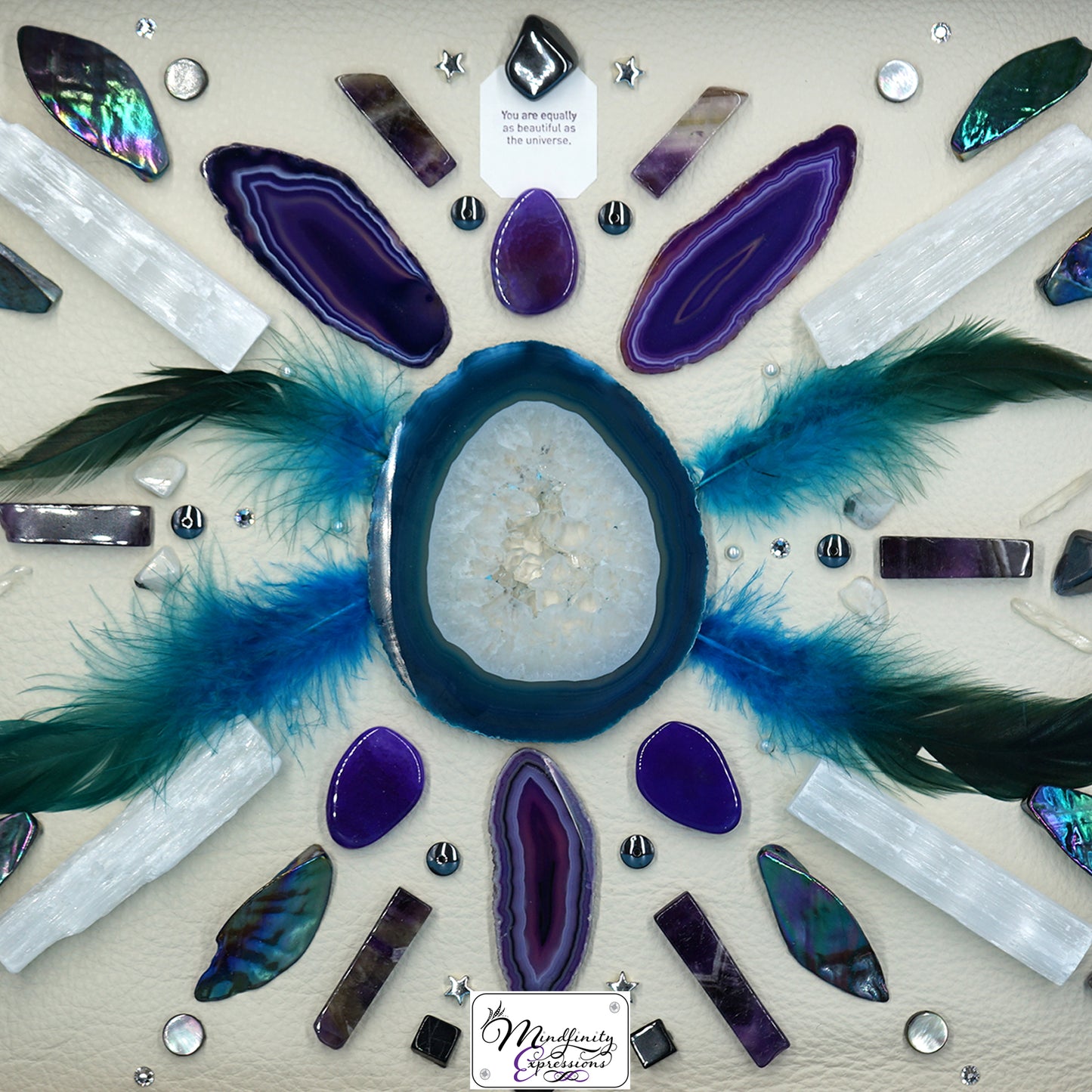 shadow box art, crystals, leather, gemstones, gems, sacred geometry, healing art, crystal art, crystal grid, energy healing, Blue & Purple Agate, Amethyst, Clear Quartz, Hematite, Mother of Pearl, Rainbow Moonstone, Selenite & Black Tourmaline, crystal art, crystal healing, crystal energy, crystal grid, healing, healing energy, healing art, sacred geometry, handmade, luxury art