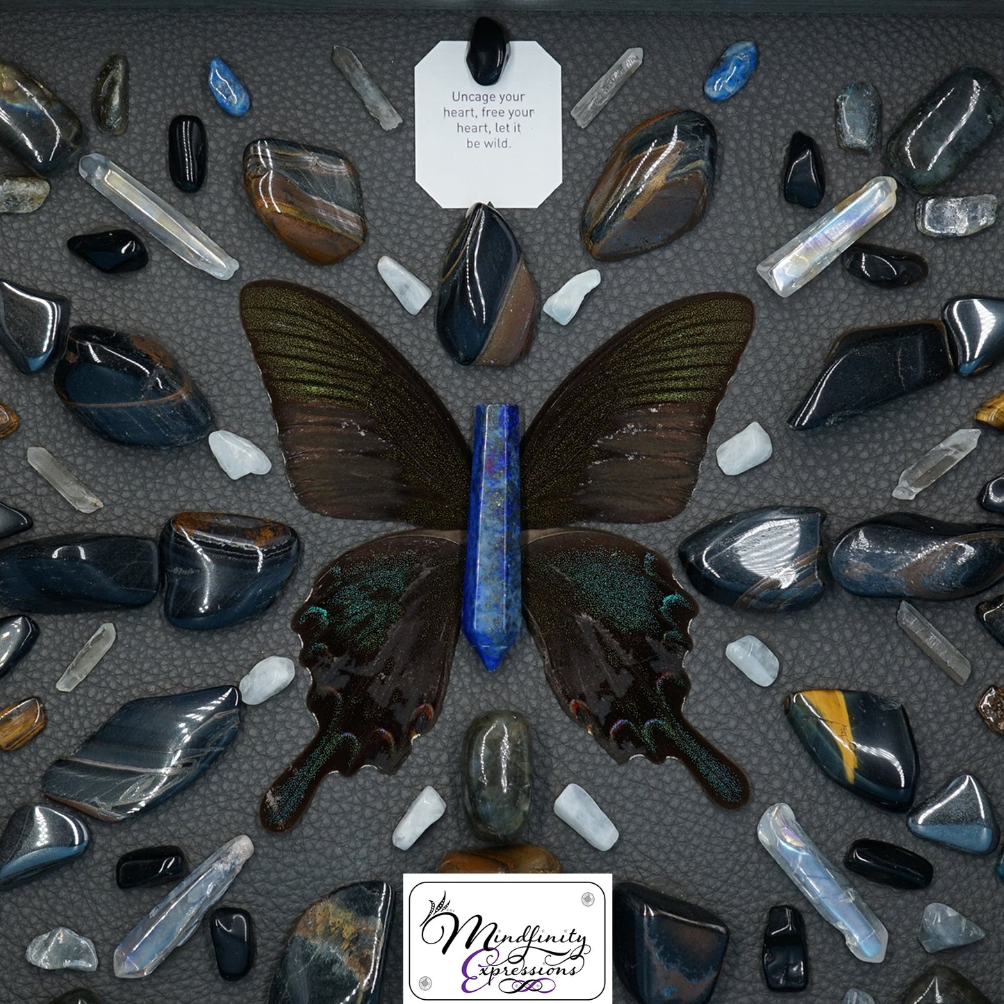 shadow box art, crystals, leather, gemstones, gems, sacred geometry, healing art, crystal art, crystal grid, energy healing, Blue Tiger Eye, Tiger Eye, Lapis Lazuli, Sodalite, Clear Quartz, Aura Quartz, Hematite, Labradorite, Rainbow Moonstone, Black Obsidian, crystal art, crystal healing, crystal energy, crystal grid, healing, healing energy, healing art, sacred geometry, handmade, luxury art, swallowtail butterfly,