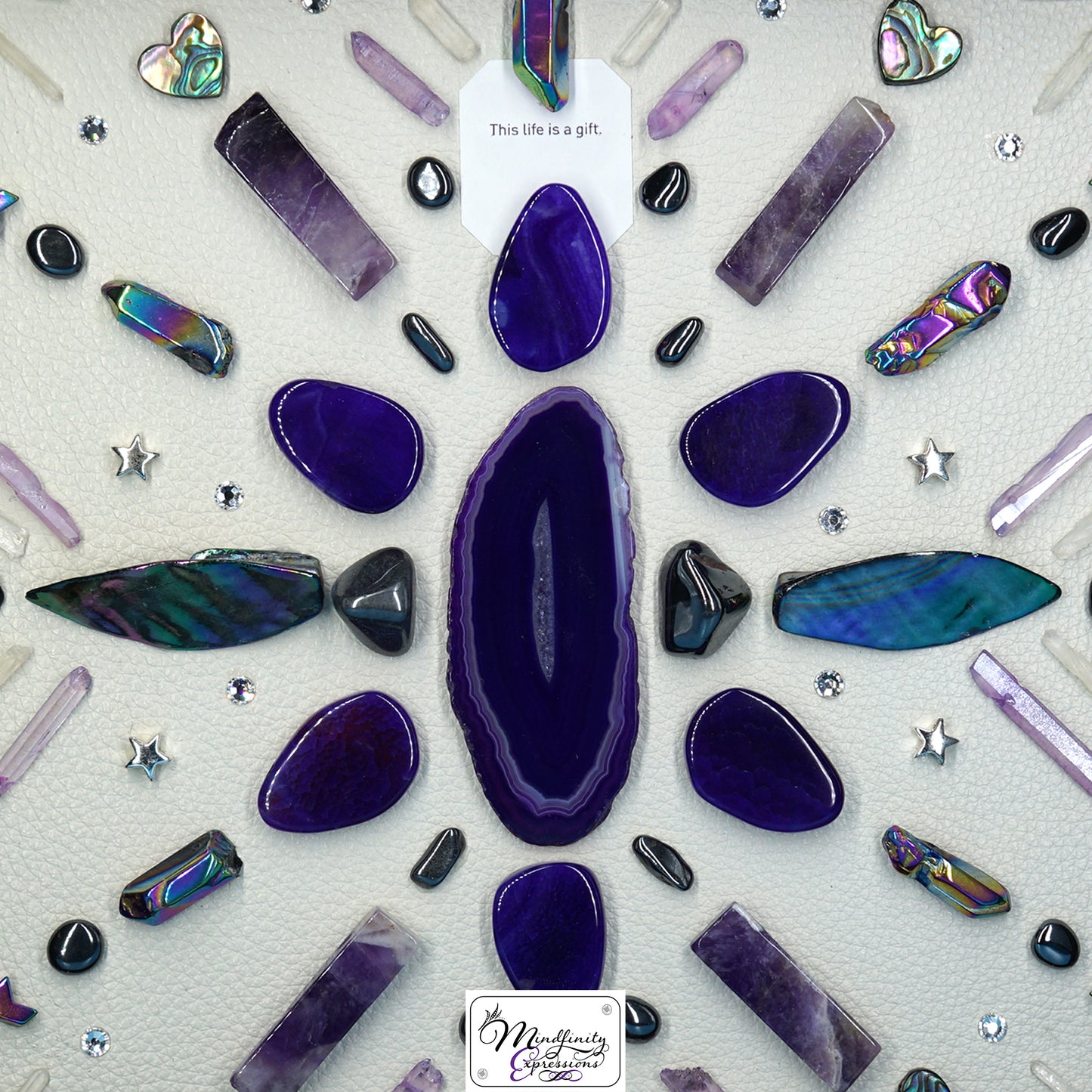 shadow box art, crystals, leather, gemstones, gems, sacred geometry, healing art, crystal art, crystal grid, energy healing, Amethyst, Purple Agate, Hematite, Mother of Pearl, Clear Quartz, Aura Quartz, Black Obsidian, crystal art, crystal healing, crystal energy, crystal grid, healing, healing energy, healing art, sacred geometry, handmade, luxury art