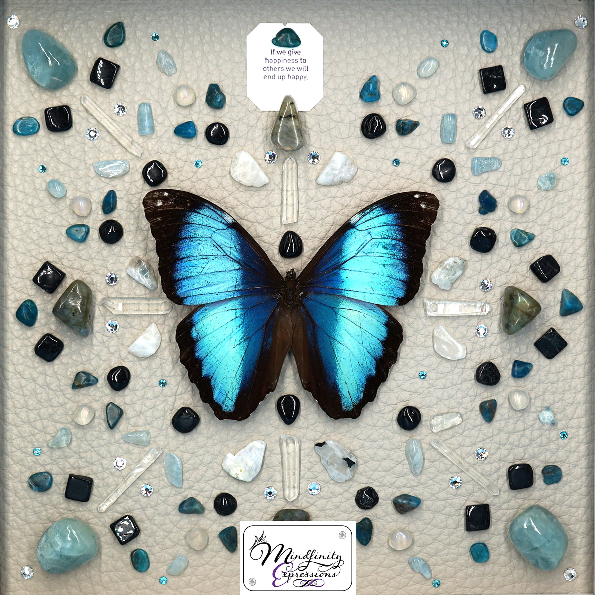 shadow box art, blue butterfly, crystals, leather, gemstones, gems, sacred geometry, healing art, crystal art, crystal grid, energy healing, Blue Apatite, Aquamarine, Clear Quartz, Aura Quartz, Hematite, Labradorite, Rainbow Moonstone & Black Tourmaline, crystal art, crystal healing, crystal energy, crystal grid, healing, healing energy, healing art, sacred geometry, handmade, luxury art