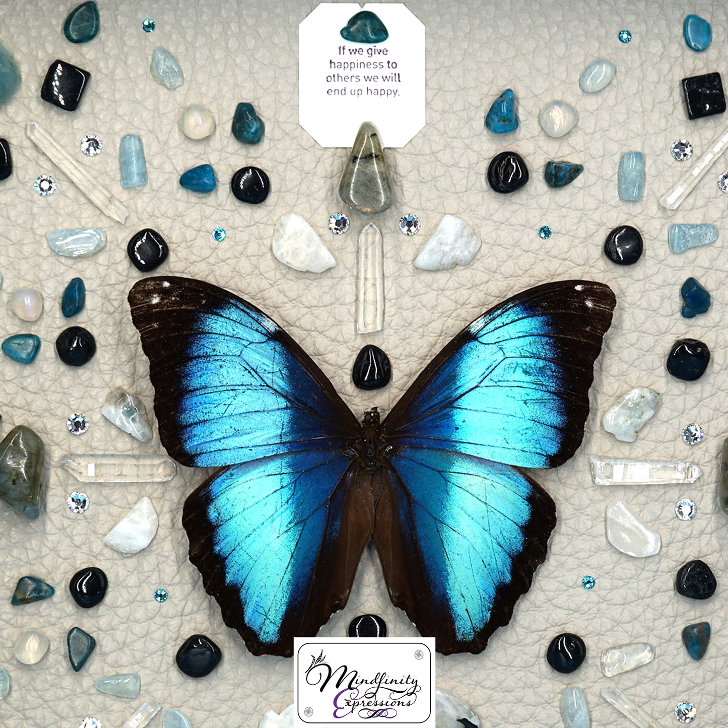 shadow box art, blue butterfly, crystals, leather, gemstones, gems, sacred geometry, healing art, crystal art, crystal grid, energy healing, Blue Apatite, Aquamarine, Clear Quartz, Aura Quartz, Hematite, Labradorite, Rainbow Moonstone & Black Tourmaline, crystal art, crystal healing, crystal energy, crystal grid, healing, healing energy, healing art, sacred geometry, handmade, luxury art
