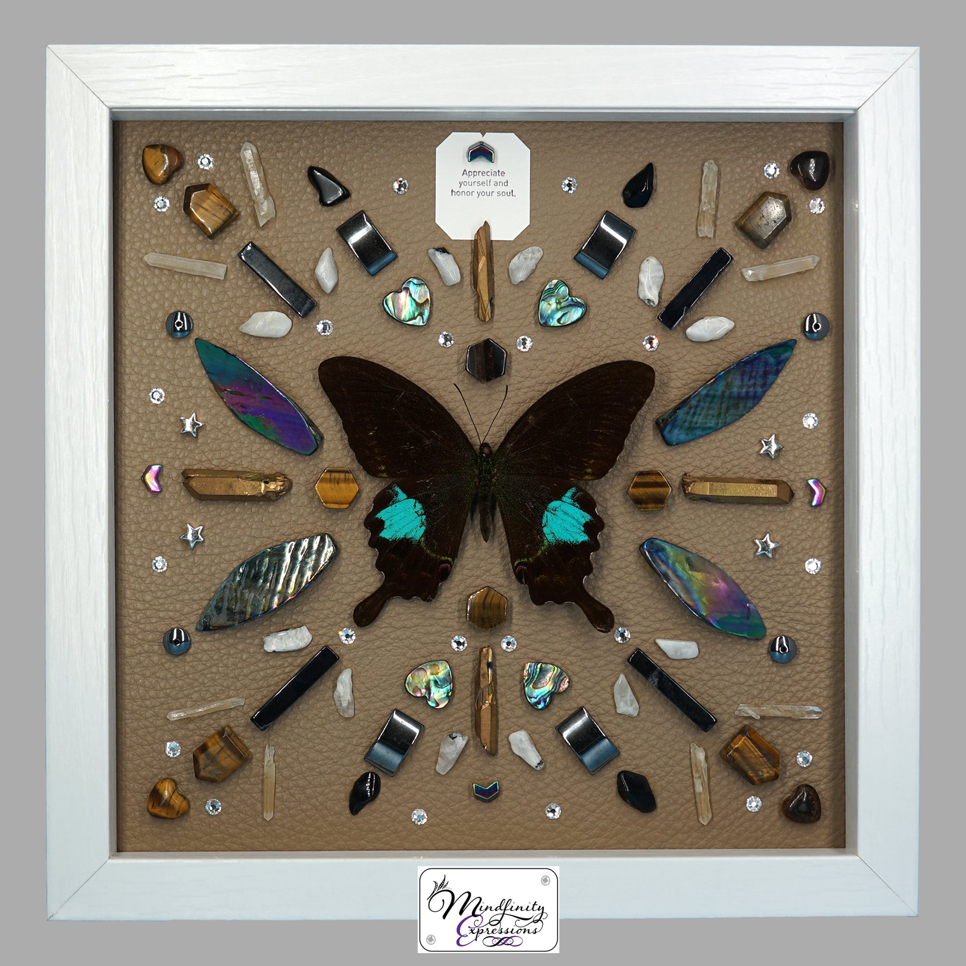 shadow box art, blue butterfly, crystals, leather, gemstones, gems, sacred geometry, healing art, crystal art, crystal grid, energy healing, Tiger Eye, Black Agate, Clear Quartz, Hematite, Rainbow Moonstone, Mother of Pearl & Black Obsidian, crystal art, crystal healing, crystal energy, crystal grid, healing, healing energy, healing art, sacred geometry, handmade, luxury art