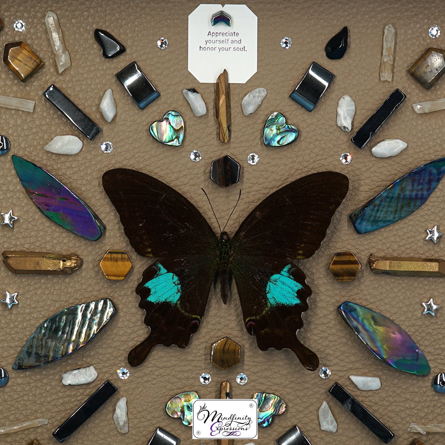 shadow box art, blue butterfly, crystals, leather, gemstones, gems, sacred geometry, healing art, crystal art, crystal grid, energy healing, Tiger Eye, Black Agate, Clear Quartz, Hematite, Rainbow Moonstone, Mother of Pearl & Black Obsidian, crystal art, crystal healing, crystal energy, crystal grid, healing, healing energy, healing art, sacred geometry, handmade, luxury art