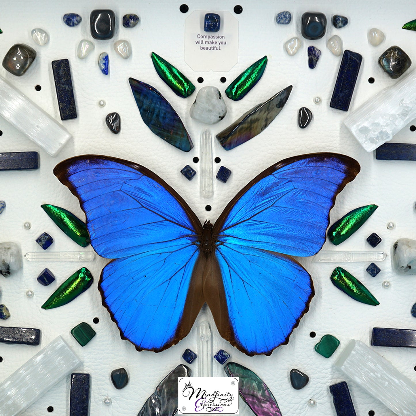 shadow box art, blue butterfly, crystals, leather, gemstones, gems, sacred geometry, healing art, crystal art, crystal grid, energy healing, Lapis Lazuli, Malachite, Clear Quartz, Selenite, Hematite, Rainbow Moonstone, Mother of Pearl & Labradorite, crystal art, crystal he