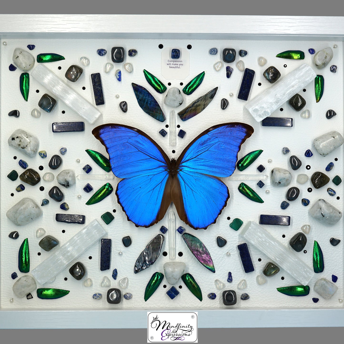 shadow box art, blue butterfly, crystals, leather, gemstones, gems, sacred geometry, healing art, crystal art, crystal grid, energy healing, Lapis Lazuli, Malachite, Clear Quartz, Selenite, Hematite, Rainbow Moonstone, Mother of Pearl & Labradorite, crystal art, crystal he