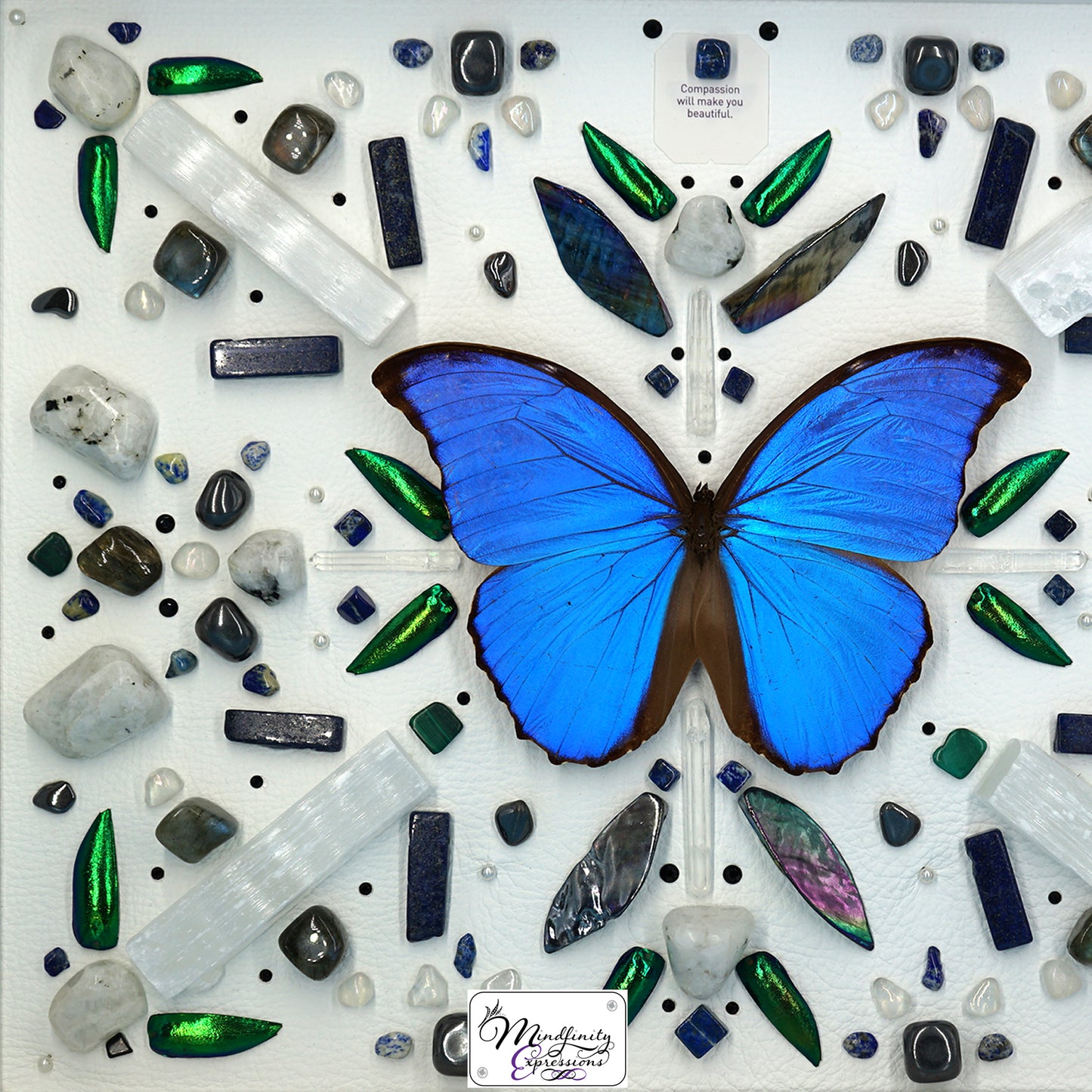 shadow box art, blue butterfly, crystals, leather, gemstones, gems, sacred geometry, healing art, crystal art, crystal grid, energy healing, Lapis Lazuli, Malachite, Clear Quartz, Selenite, Hematite, Rainbow Moonstone, Mother of Pearl & Labradorite, crystal art, crystal he