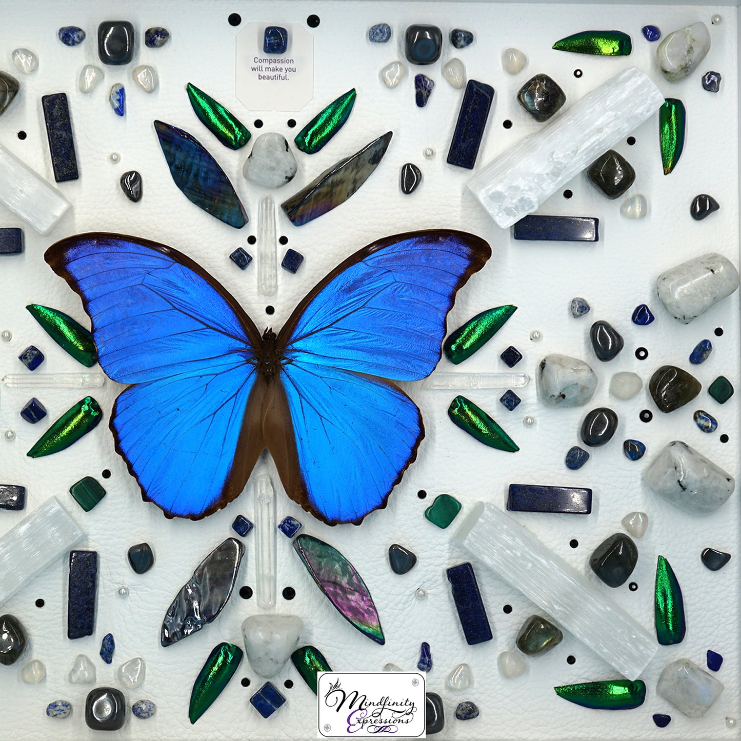 shadow box art, blue butterfly, crystals, leather, gemstones, gems, sacred geometry, healing art, crystal art, crystal grid, energy healing, Lapis Lazuli, Malachite, Clear Quartz, Selenite, Hematite, Rainbow Moonstone, Mother of Pearl & Labradorite, crystal art, crystal he
