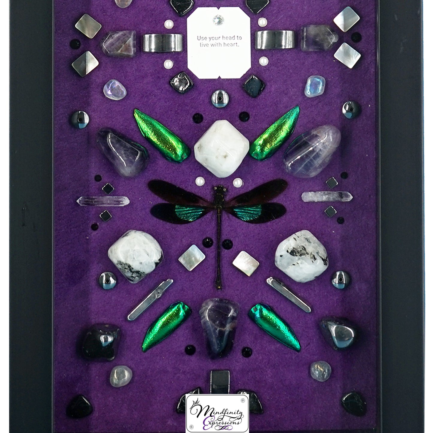 shadow box art, green dragonflies, green Jewel beetle wings, purple genuine suede, crystals, Swarovski crystals, gemstones, gems, sacred geometry, healing art, crystal art, crystal grid, energy healing, crystal healing, crystal energy, crystal grid, healing, healing energy, healing art, sacred geometry, handmade, luxury art, Amethyst, Rainbow Moonstone, Hematite, Clear Quartz, Aura Quartz, Mother of Pearl, Black Tourmaline