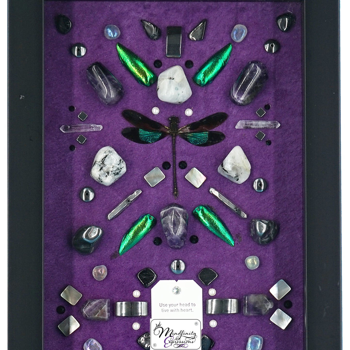 shadow box art, green dragonflies, green Jewel beetle wings, purple genuine suede, crystals, Swarovski crystals, gemstones, gems, sacred geometry, healing art, crystal art, crystal grid, energy healing, crystal healing, crystal energy, crystal grid, healing, healing energy, healing art, sacred geometry, handmade, luxury art, Amethyst, Rainbow Moonstone, Hematite, Clear Quartz, Aura Quartz, Mother of Pearl, Black Tourmaline