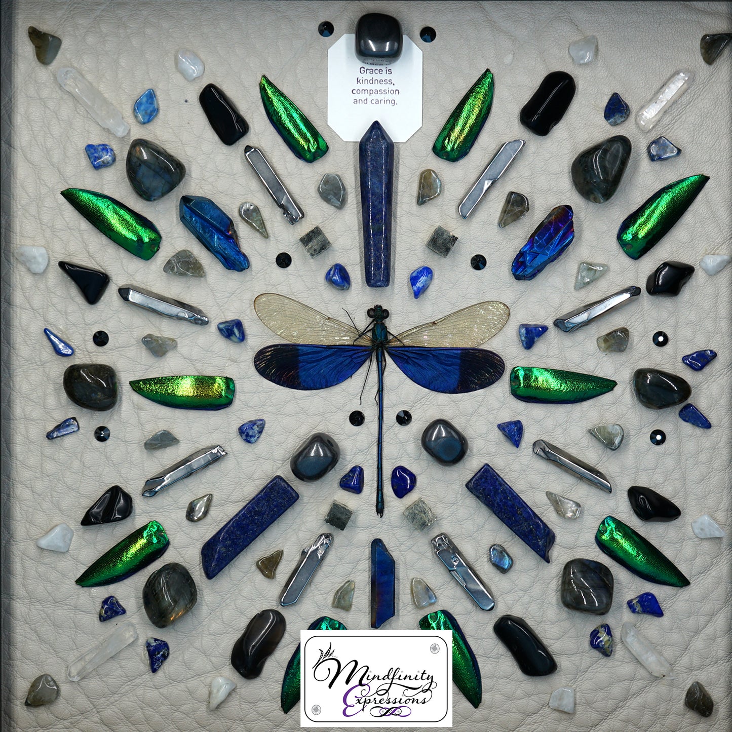 shadow box art, blue dragonfly, green beetle wings, crystals, Swarovski crystals, leather, gemstones, gems, sacred geometry, healing art, crystal art, crystal grid, energy healing, crystal healing, crystal energy, crystal grid, healing, healing energy, healing art, sacred geometry, handmade, luxury art, Lapis Lazuli, Clear Quartz, Blue Aura Quartz, Hematite, Rainbow Moonstone, Labradorite, Black Obsidian