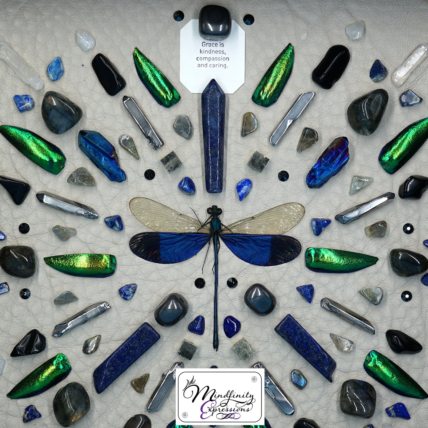 shadow box art, blue dragonfly, green beetle wings, crystals, Swarovski crystals, leather, gemstones, gems, sacred geometry, healing art, crystal art, crystal grid, energy healing, crystal healing, crystal energy, crystal grid, healing, healing energy, healing art, sacred geometry, handmade, luxury art, Lapis Lazuli, Clear Quartz, Blue Aura Quartz, Hematite, Rainbow Moonstone, Labradorite, Black Obsidian