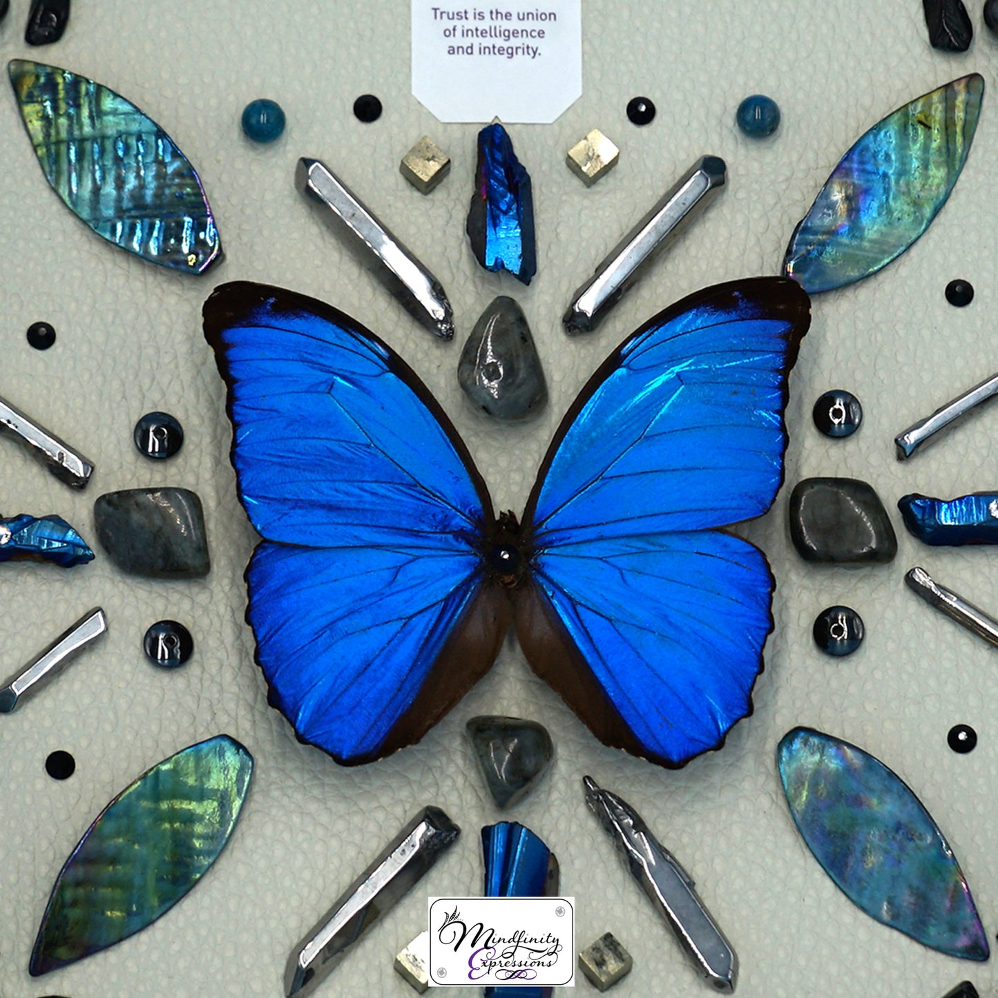 shadow box art, Blue Morpho butterfly, crystals, Swarovski crystals, leather, gemstones, gems, sacred geometry, healing art, crystal art, crystal grid, energy healing, crystal healing, crystal energy, crystal grid, healing, healing energy, healing art, sacred geometry, handmade, luxury art, Blue & Silver Plated Quartz, Hematite, Labradorite, Mother of Pearl, Black Tourmaline