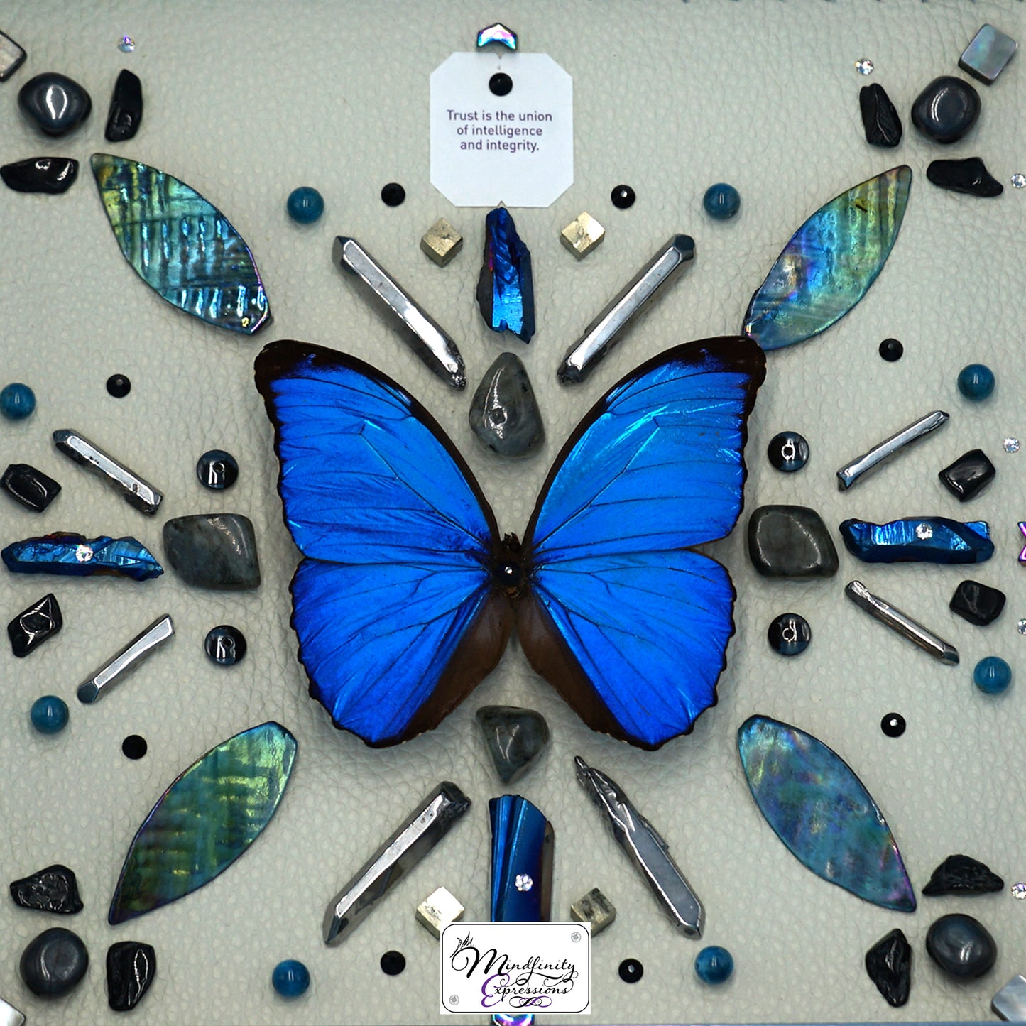 shadow box art, Blue Morpho butterfly, crystals, Swarovski crystals, leather, gemstones, gems, sacred geometry, healing art, crystal art, crystal grid, energy healing, crystal healing, crystal energy, crystal grid, healing, healing energy, healing art, sacred geometry, handmade, luxury art, Blue & Silver Plated Quartz, Hematite, Labradorite, Mother of Pearl, Black Tourmaline