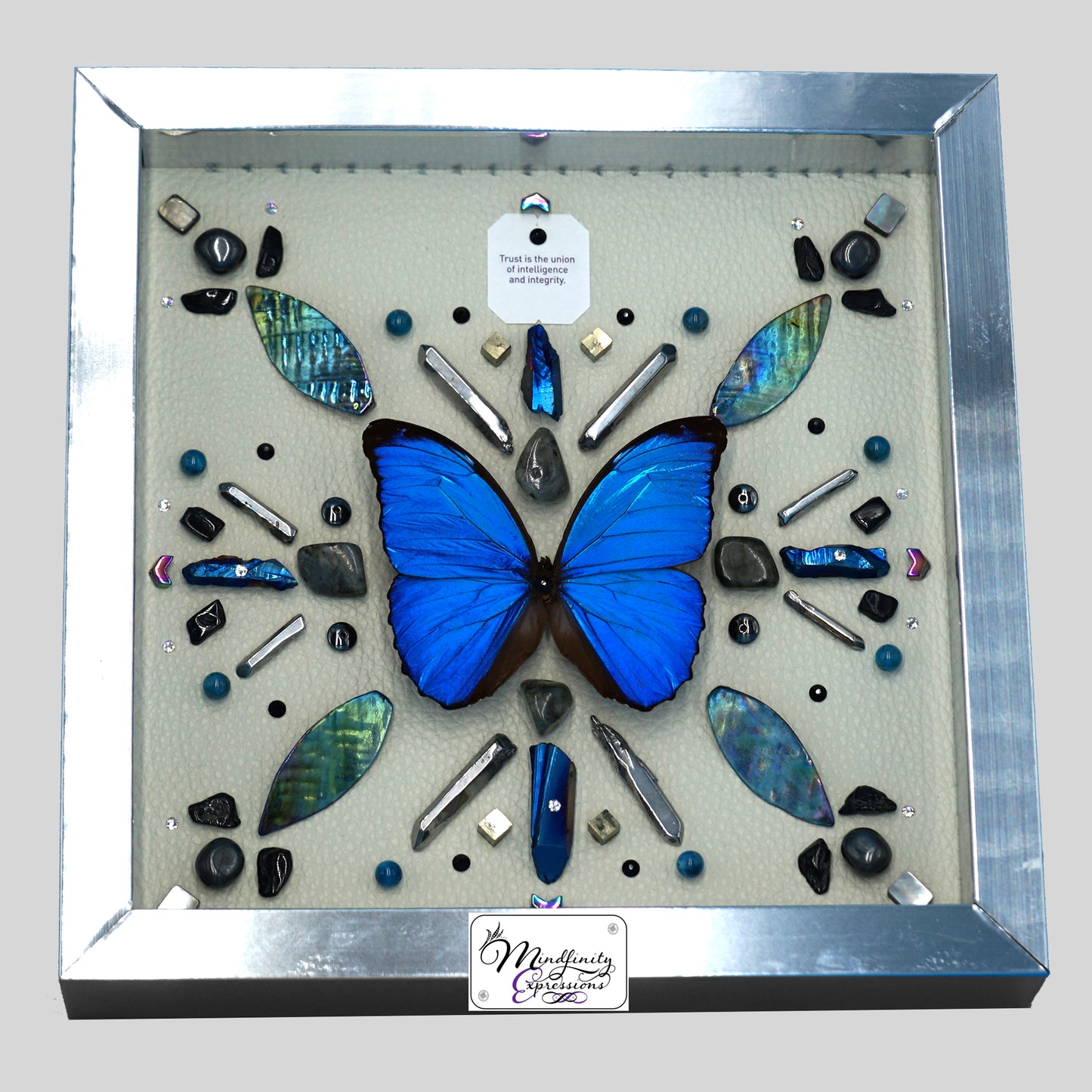 shadow box art, Blue Morpho butterfly, crystals, Swarovski crystals, leather, gemstones, gems, sacred geometry, healing art, crystal art, crystal grid, energy healing, crystal healing, crystal energy, crystal grid, healing, healing energy, healing art, sacred geometry, handmade, luxury art, Blue & Silver Plated Quartz, Hematite, Labradorite, Mother of Pearl, Black Tourmaline