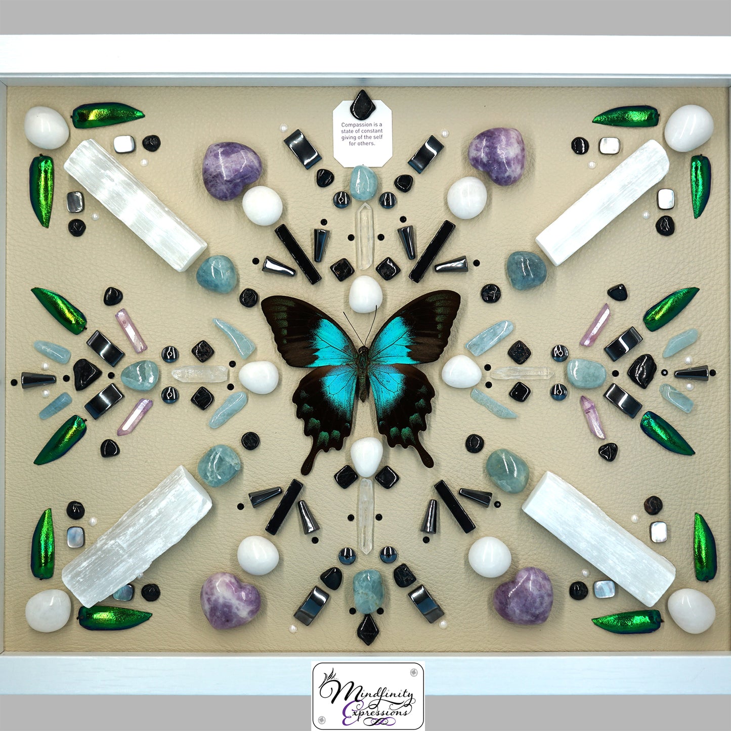 shadow box art, Aqua Swallowtail butterfly, crystals, Swarovski crystals, leather, gemstones, gems, sacred geometry, healing art, crystal art, crystal grid, energy healing, crystal healing, crystal energy, crystal grid, healing, healing energy, healing art, sacred geometry, handmade, luxury art, Purple & Green Fluorite, Aquamarine, Lapis Lazuli, Clear Quartz, King Quartz, Hematite, Selenite & Black Tourmaline
