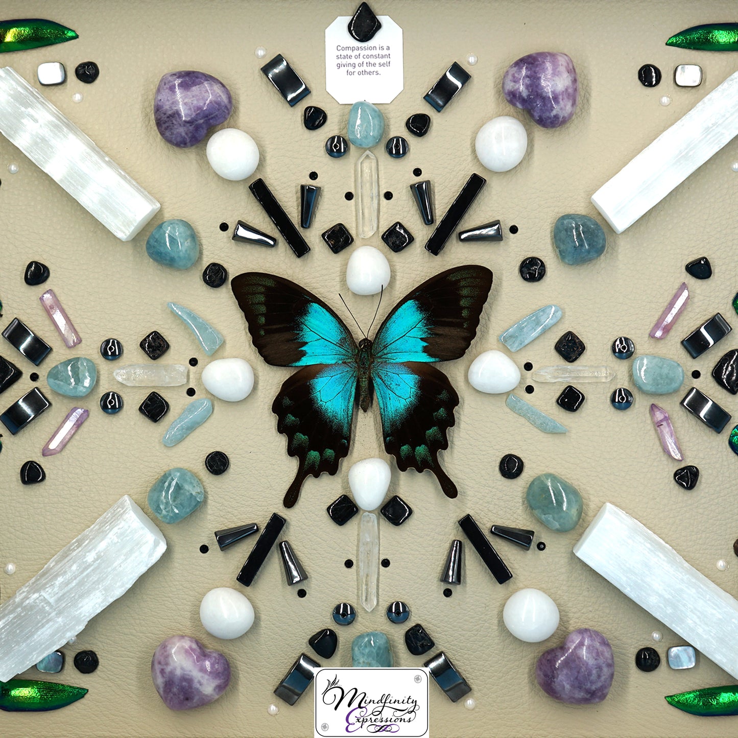 shadow box art, Aqua Swallowtail butterfly, crystals, Swarovski crystals, leather, gemstones, gems, sacred geometry, healing art, crystal art, crystal grid, energy healing, crystal healing, crystal energy, crystal grid, healing, healing energy, healing art, sacred geometry, handmade, luxury art, Purple & Green Fluorite, Aquamarine, Lapis Lazuli, Clear Quartz, King Quartz, Hematite, Selenite & Black Tourmaline