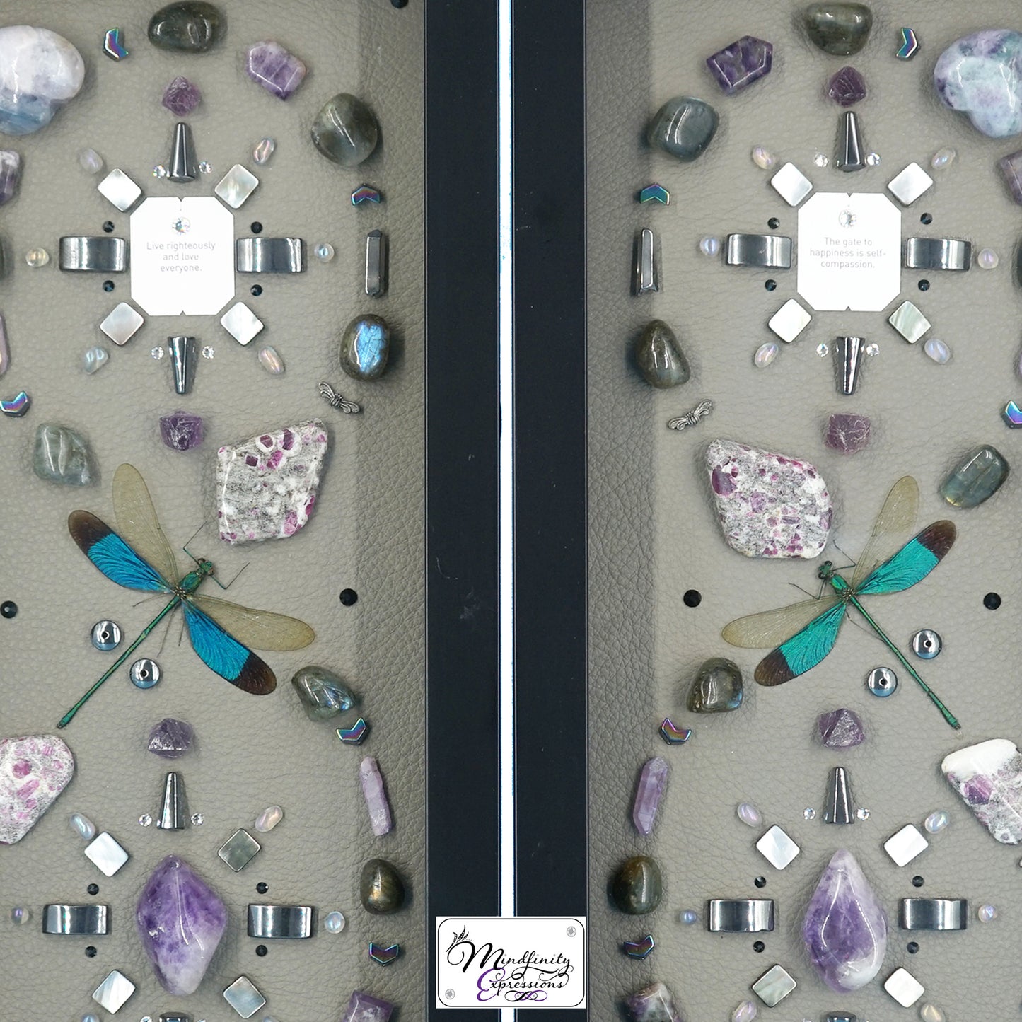 shadow box art, Yellow, black & white butterfly, Metallic purple genuine leather, crystals, Swarovski crystals, gemstones, gems, sacred geometry, healing art, crystal art, crystal grid, energy healing, crystal healing, crystal energy, crystal grid, healing, healing energy, healing art, sacred geometry, handmade, luxury art, Amethyst, Fluorite, Ruby in Matrix, Labradorite, Hematite, Silver Plated Quartz, Aura Quartz