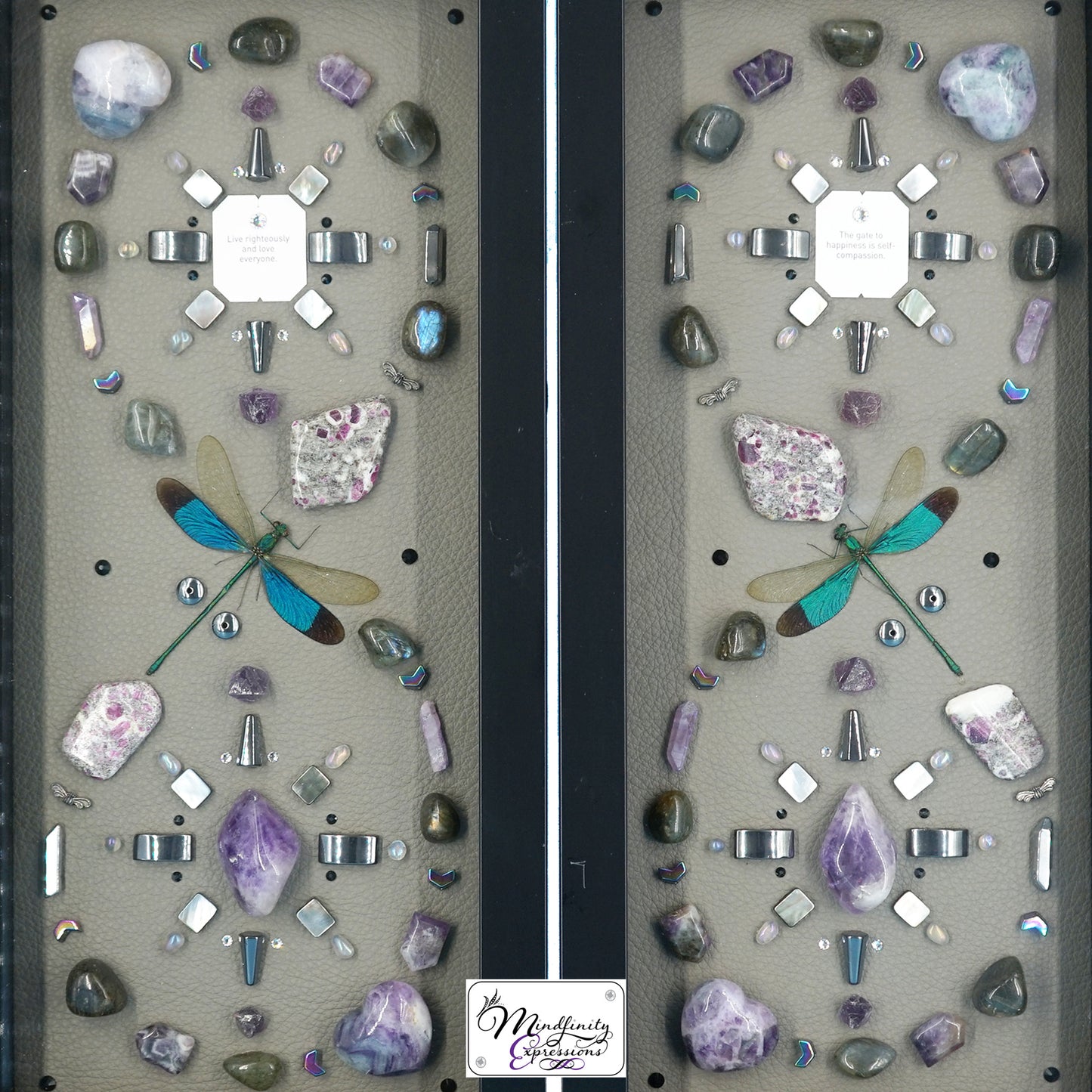 shadow box art, Yellow, black & white butterfly, Metallic purple genuine leather, crystals, Swarovski crystals, gemstones, gems, sacred geometry, healing art, crystal art, crystal grid, energy healing, crystal healing, crystal energy, crystal grid, healing, healing energy, healing art, sacred geometry, handmade, luxury art, Amethyst, Fluorite, Ruby in Matrix, Labradorite, Hematite, Silver Plated Quartz, Aura Quartz