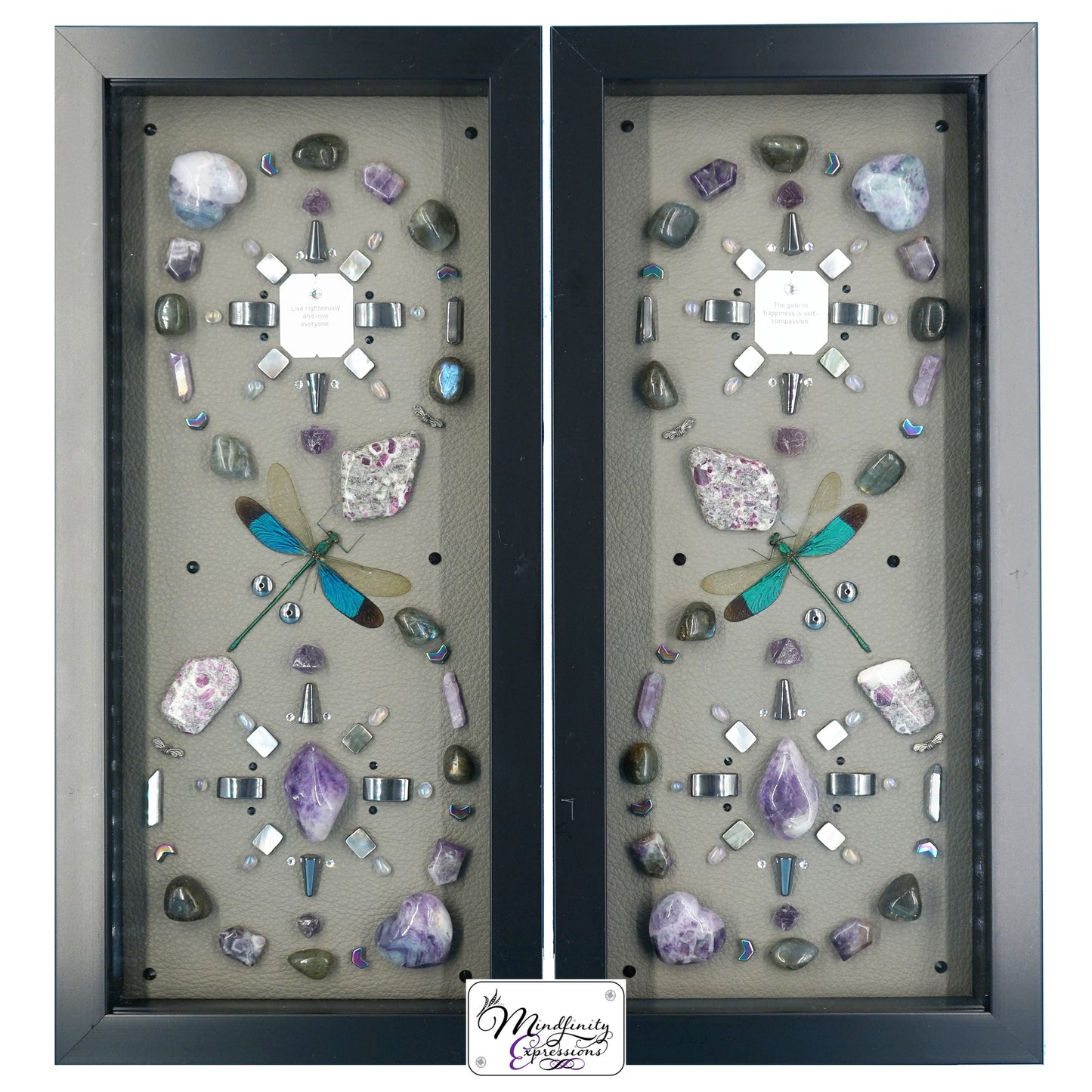 shadow box art, Yellow, black & white butterfly, Metallic purple genuine leather, crystals, Swarovski crystals, gemstones, gems, sacred geometry, healing art, crystal art, crystal grid, energy healing, crystal healing, crystal energy, crystal grid, healing, healing energy, healing art, sacred geometry, handmade, luxury art, Amethyst, Fluorite, Ruby in Matrix, Labradorite, Hematite, Silver Plated Quartz, Aura Quartz