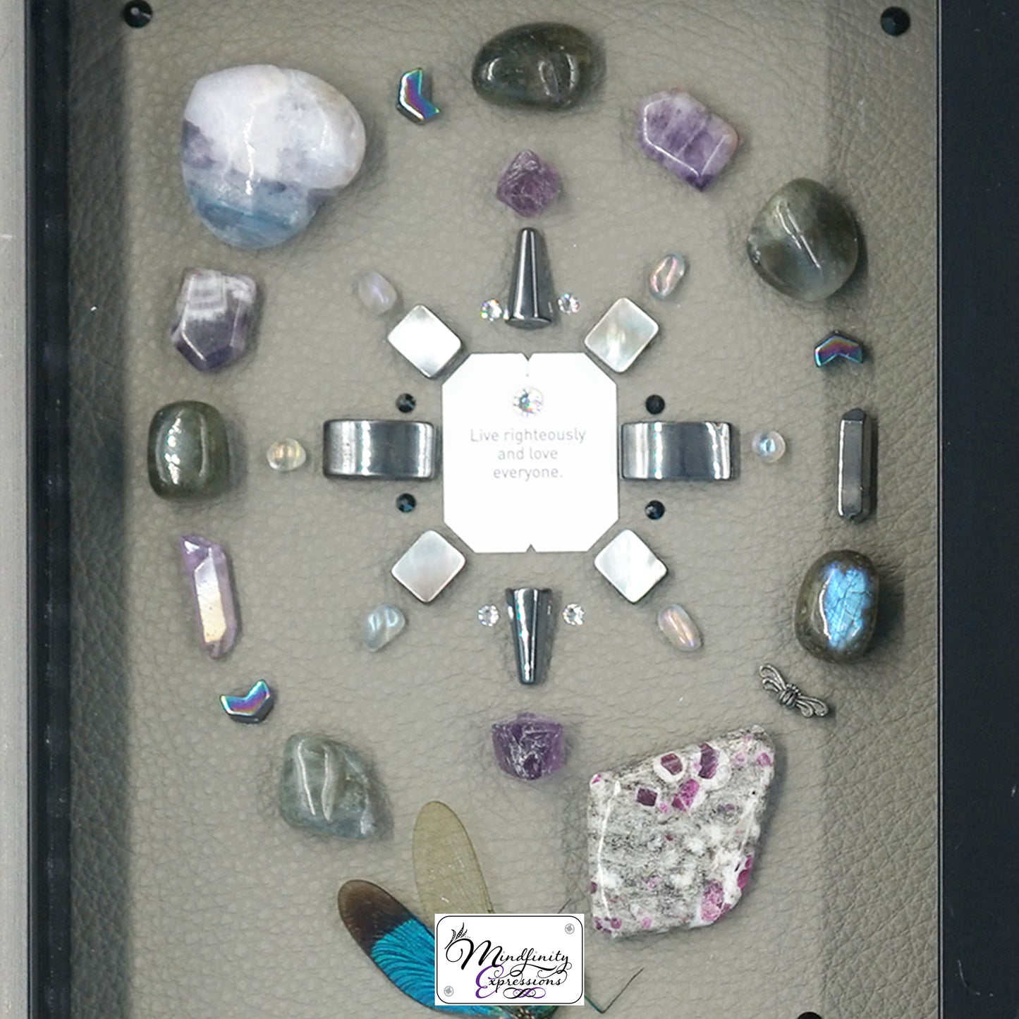 shadow box art, Yellow, black & white butterfly, Metallic purple genuine leather, crystals, Swarovski crystals, gemstones, gems, sacred geometry, healing art, crystal art, crystal grid, energy healing, crystal healing, crystal energy, crystal grid, healing, healing energy, healing art, sacred geometry, handmade, luxury art, Amethyst, Fluorite, Ruby in Matrix, Labradorite, Hematite, Silver Plated Quartz, Aura Quartz