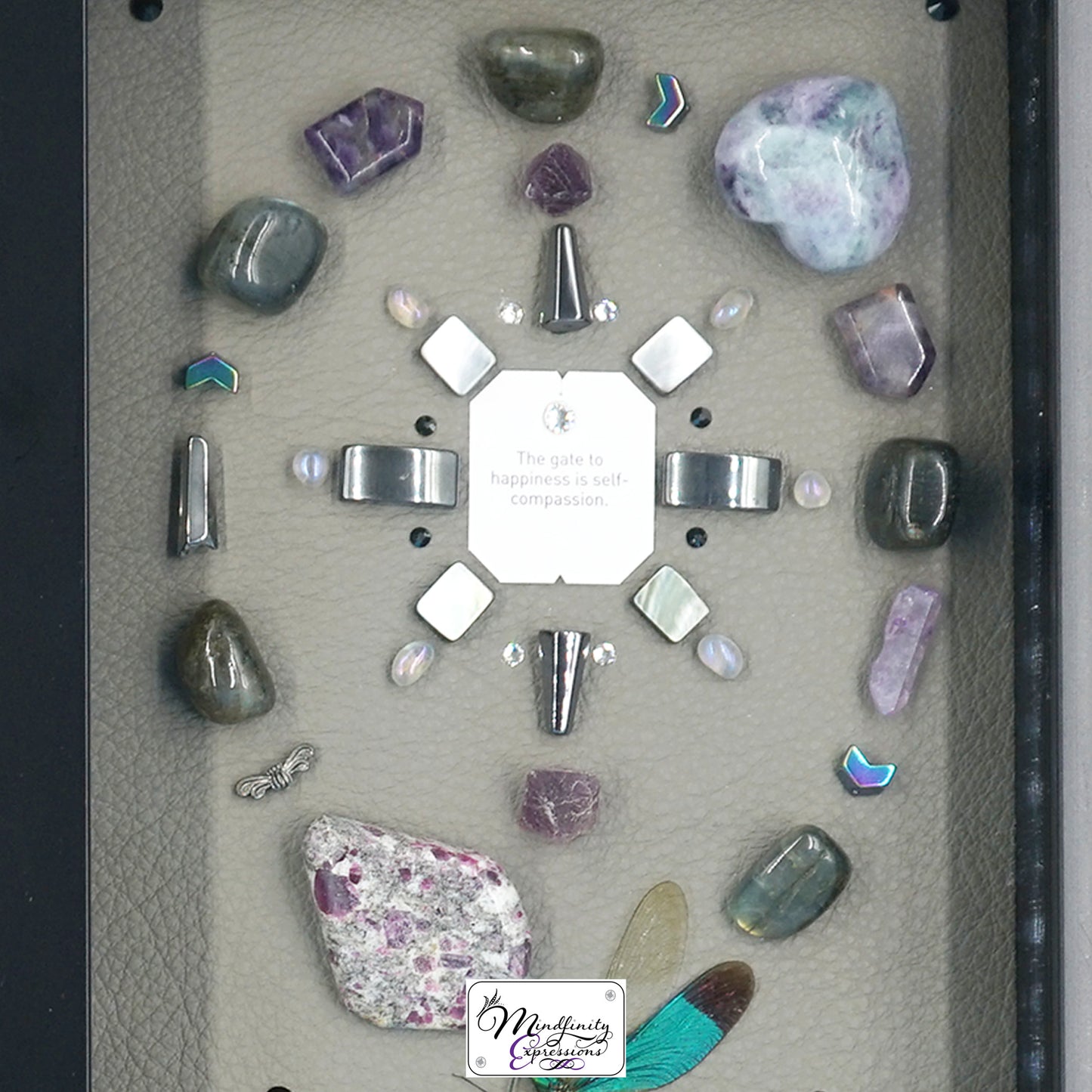 shadow box art, Yellow, black & white butterfly, Metallic purple genuine leather, crystals, Swarovski crystals, gemstones, gems, sacred geometry, healing art, crystal art, crystal grid, energy healing, crystal healing, crystal energy, crystal grid, healing, healing energy, healing art, sacred geometry, handmade, luxury art, Amethyst, Fluorite, Ruby in Matrix, Labradorite, Hematite, Silver Plated Quartz, Aura Quartz