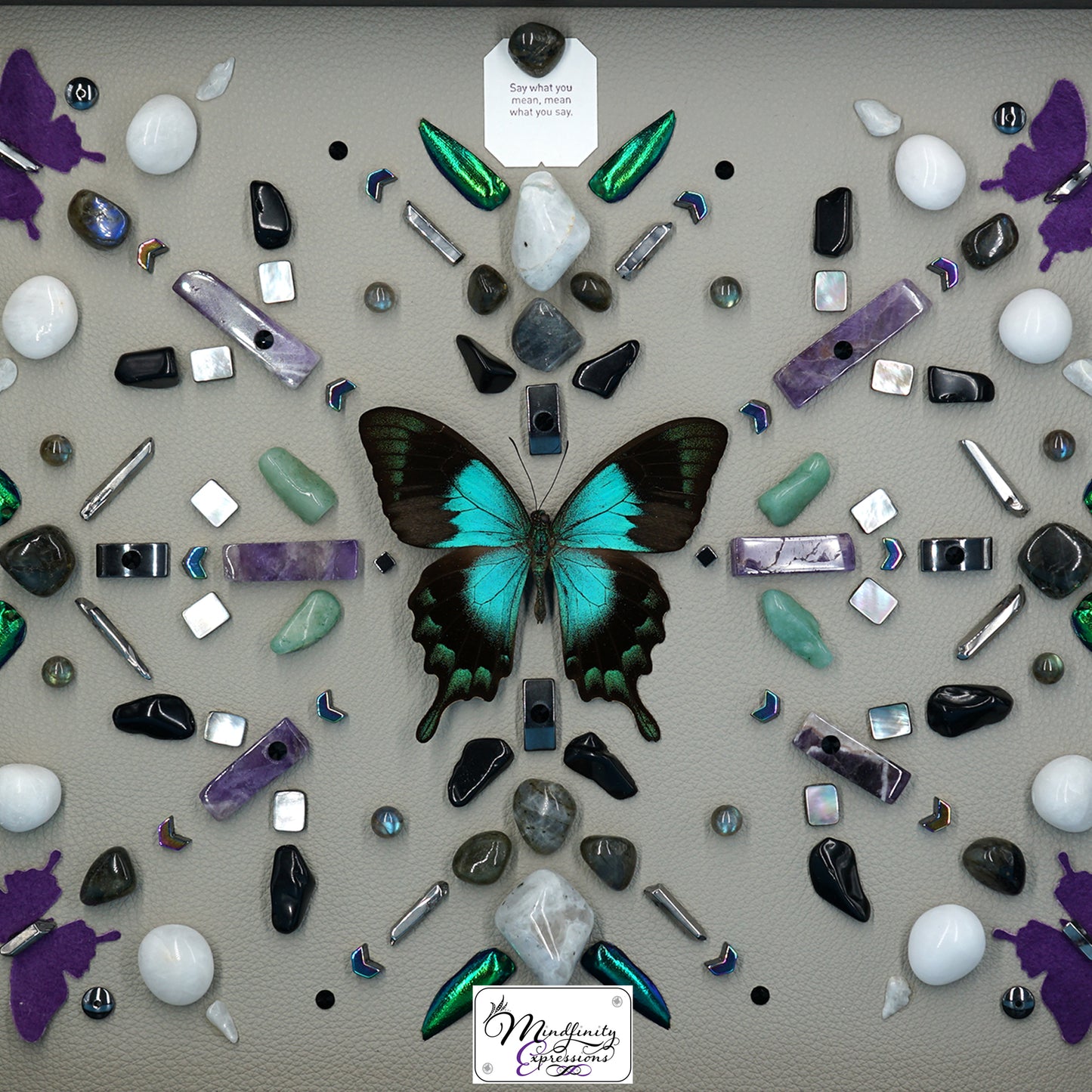 shadow box art, Blue/green swallowtail butterfly, crystals, Swarovski crystals, Natuzzi Italia leather, leather butterflies, gemstones, gems, sacred geometry, healing art, crystal art, crystal grid, energy healing, crystal healing, crystal energy, crystal grid, healing, healing energy, healing art, sacred geometry, handmade, luxury art, Amethyst, Green Aventurine, Labradorite, Hematite, Mother of Pearl, Rainbow Moonstone, King Quartz, Silver Plated Quartz, Black Obsidian,