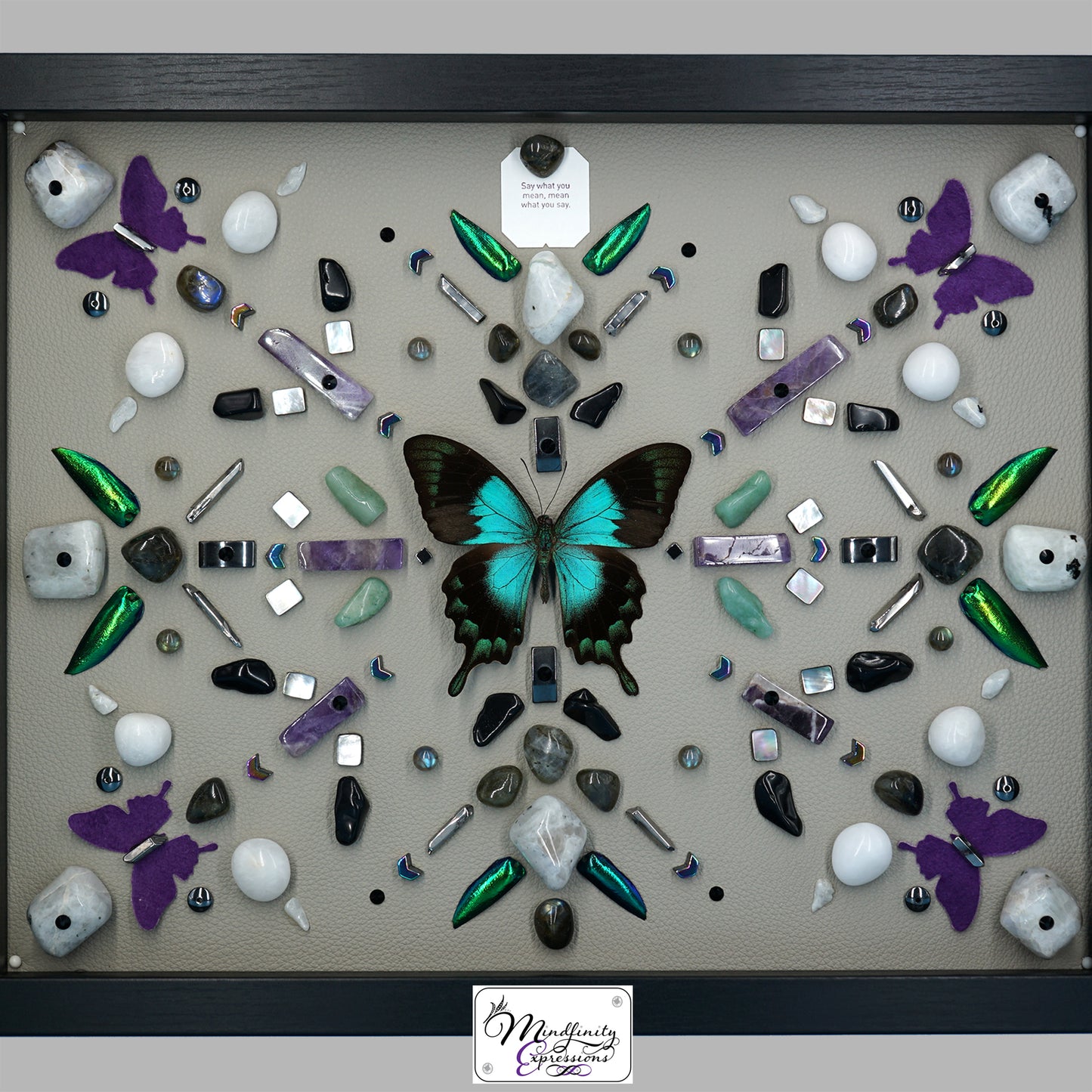 shadow box art, Blue/green swallowtail butterfly, crystals, Swarovski crystals, Natuzzi Italia leather, leather butterflies, gemstones, gems, sacred geometry, healing art, crystal art, crystal grid, energy healing, crystal healing, crystal energy, crystal grid, healing, healing energy, healing art, sacred geometry, handmade, luxury art, Amethyst, Green Aventurine, Labradorite, Hematite, Mother of Pearl, Rainbow Moonstone, King Quartz, Silver Plated Quartz, Black Obsidian,